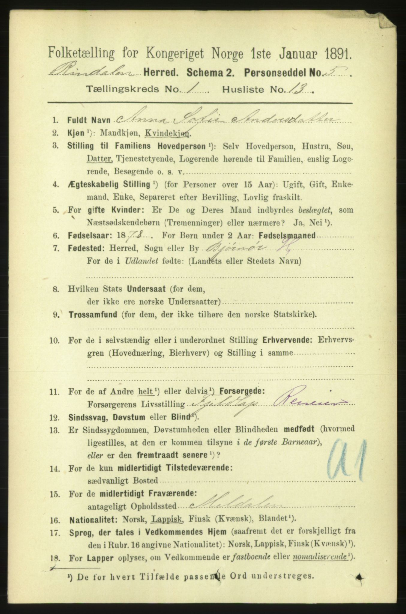 RA, 1891 census for 1567 Rindal, 1891, p. 134