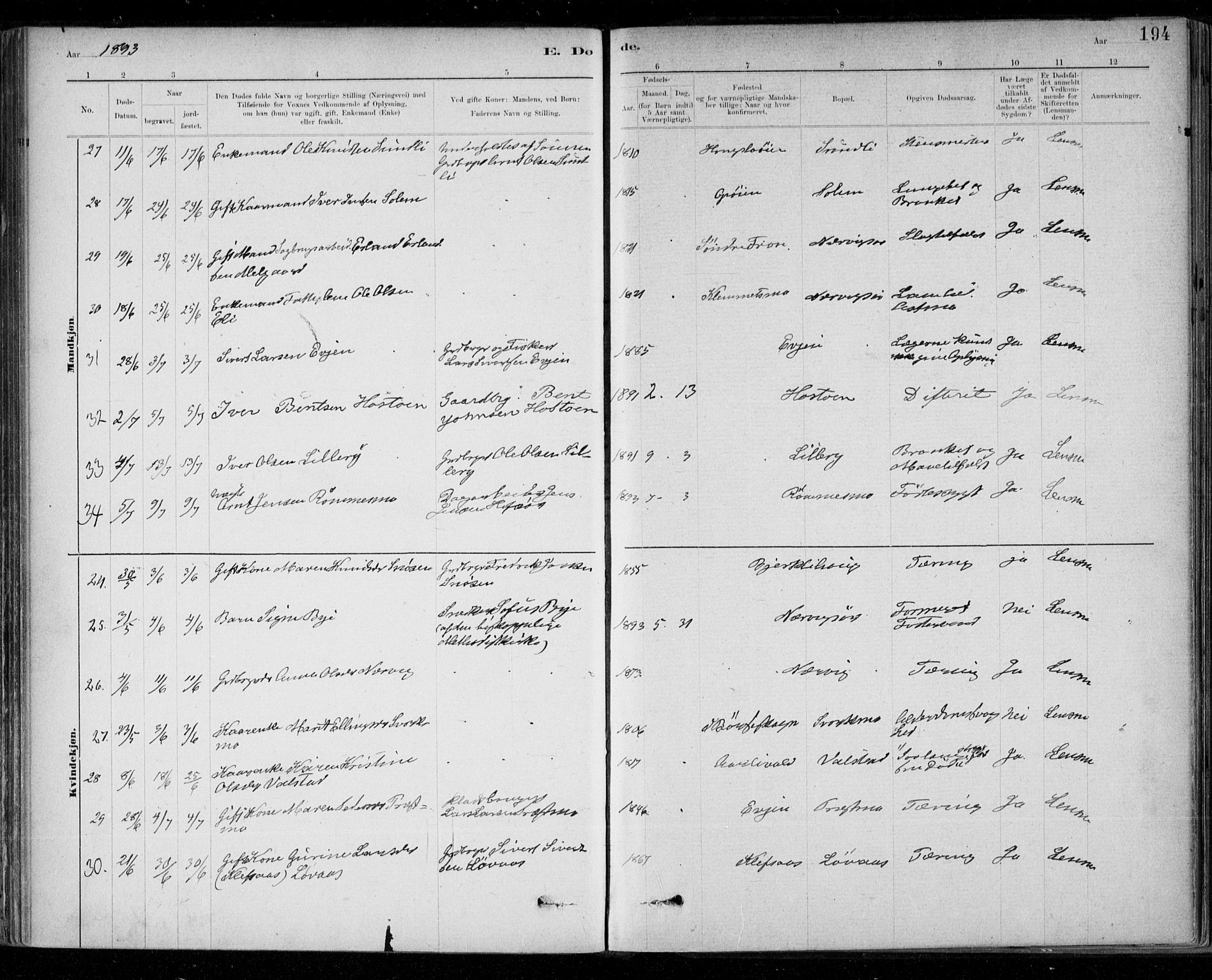 Ministerialprotokoller, klokkerbøker og fødselsregistre - Sør-Trøndelag, AV/SAT-A-1456/668/L0810: Parish register (official) no. 668A10, 1881-1894, p. 194