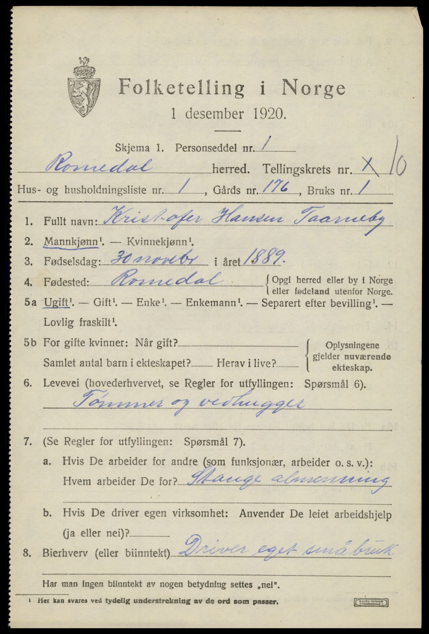 SAH, 1920 census for Romedal, 1920, p. 11219