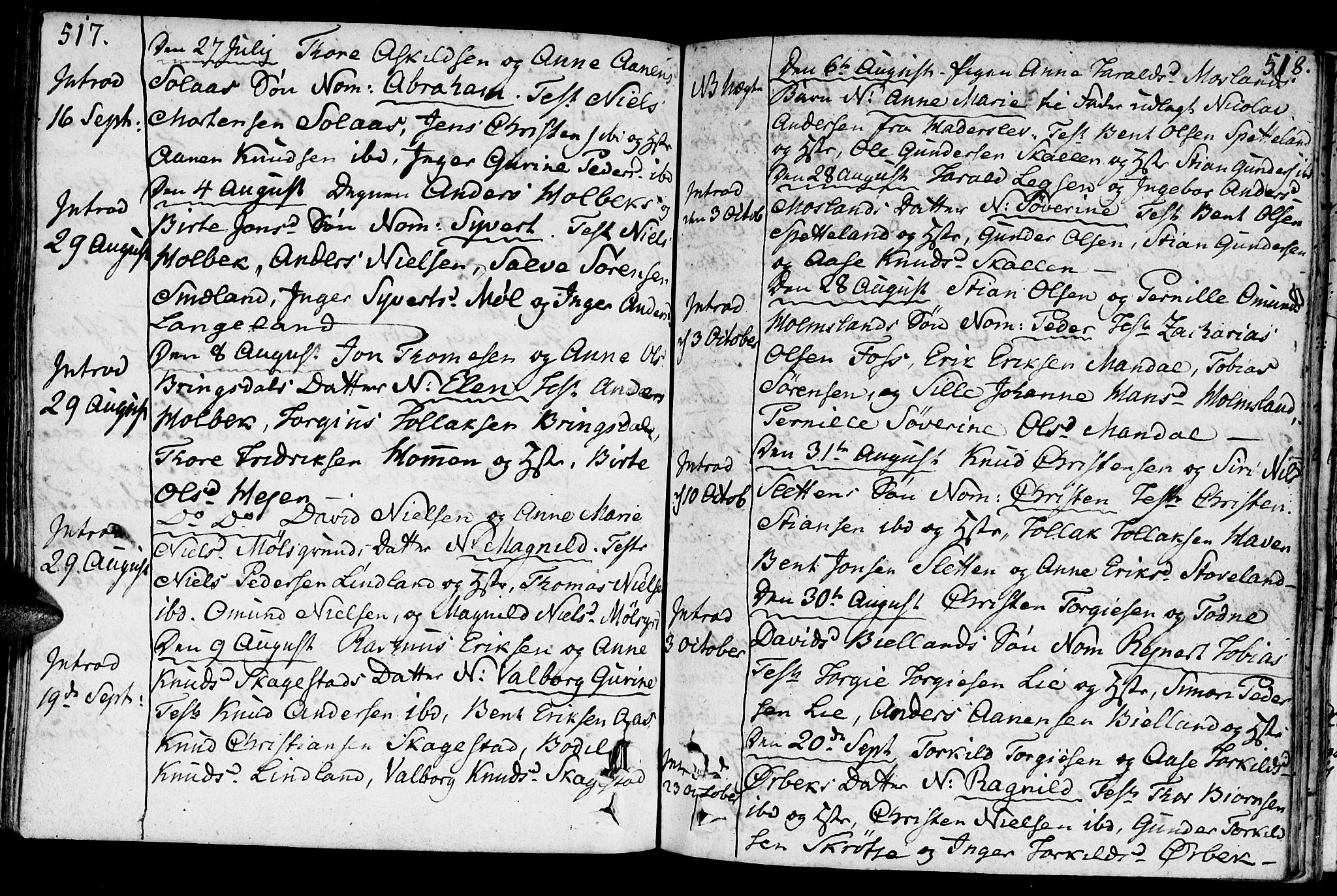 Holum sokneprestkontor, AV/SAK-1111-0022/F/Fa/Faa/L0003: Parish register (official) no. A 3, 1780-1821, p. 517-518