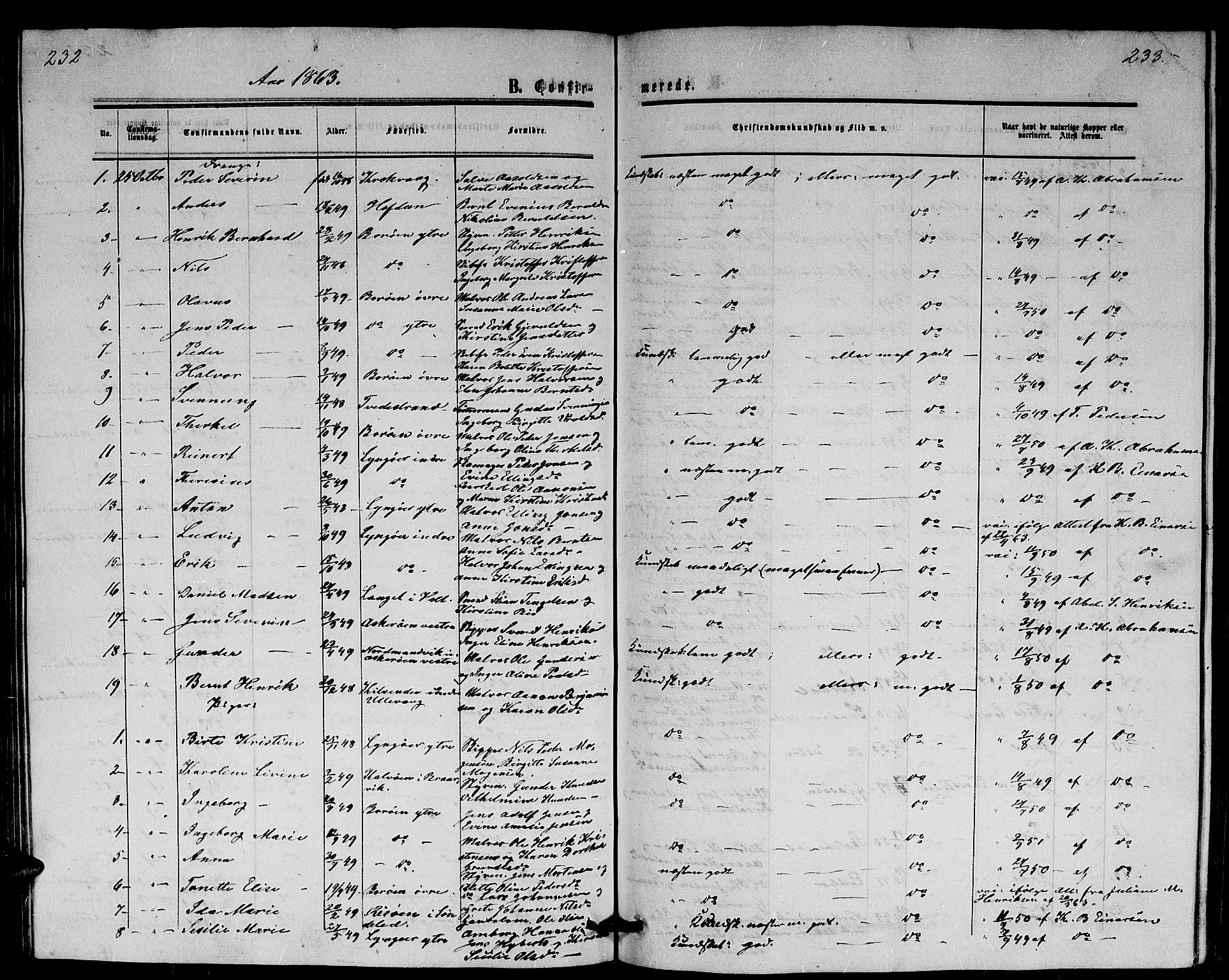 Dypvåg sokneprestkontor, AV/SAK-1111-0007/F/Fb/Fba/L0011: Parish register (copy) no. B 11, 1857-1872, p. 232-233