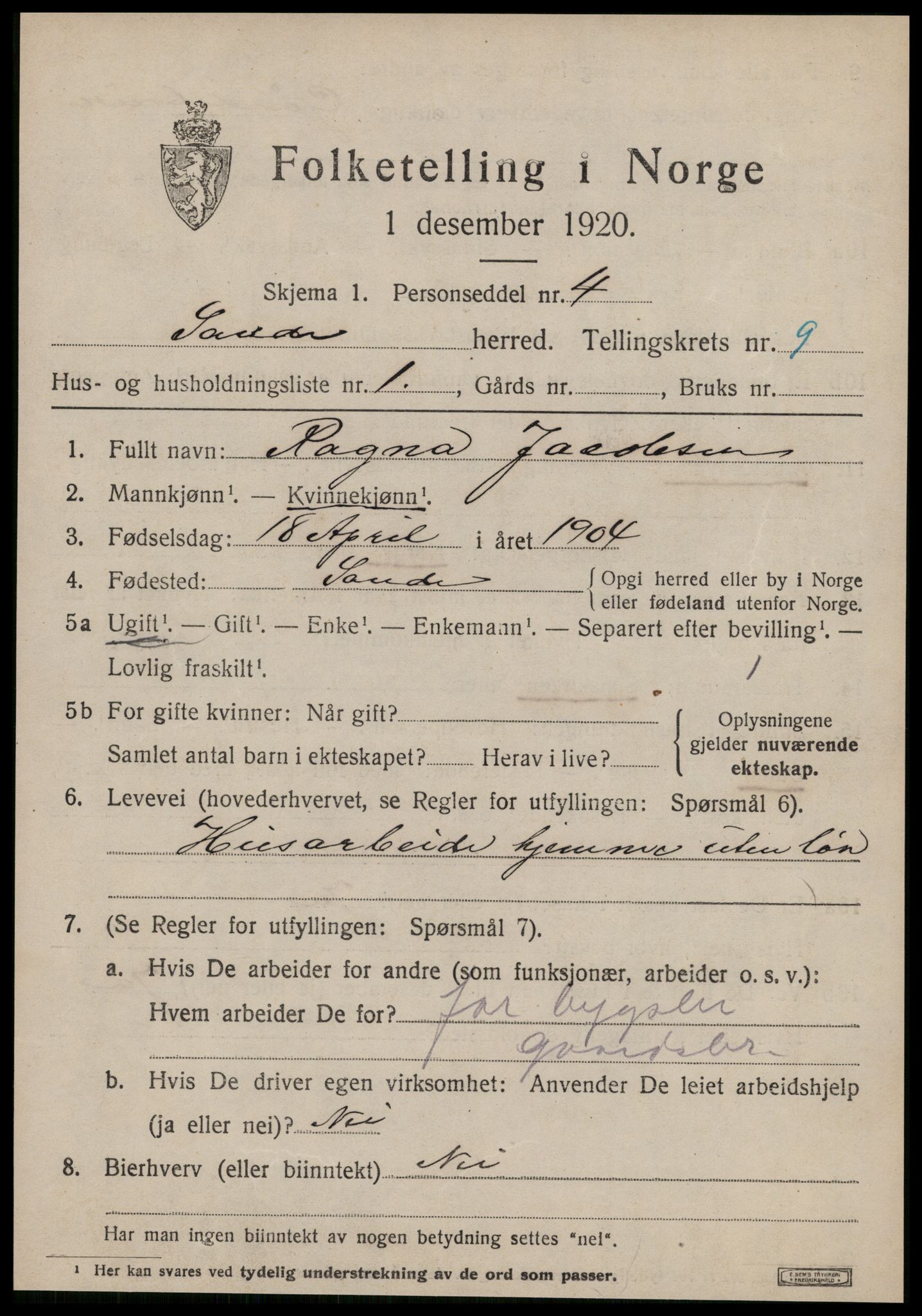 SAT, 1920 census for Sande (MR), 1920, p. 5100