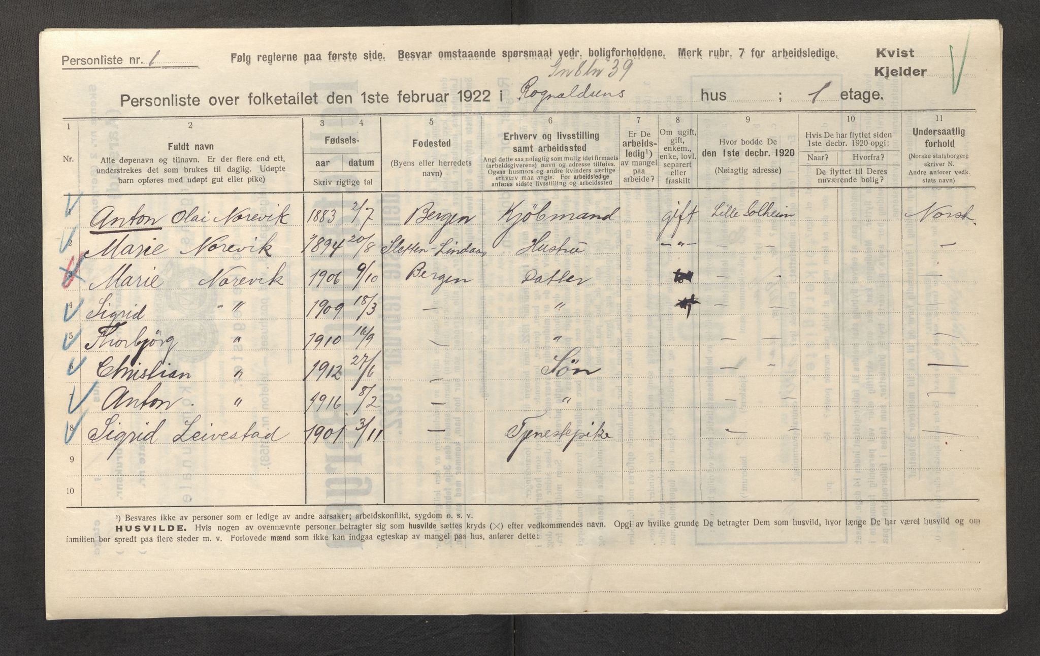 SAB, Municipal Census 1922 for Bergen, 1922, p. 59504