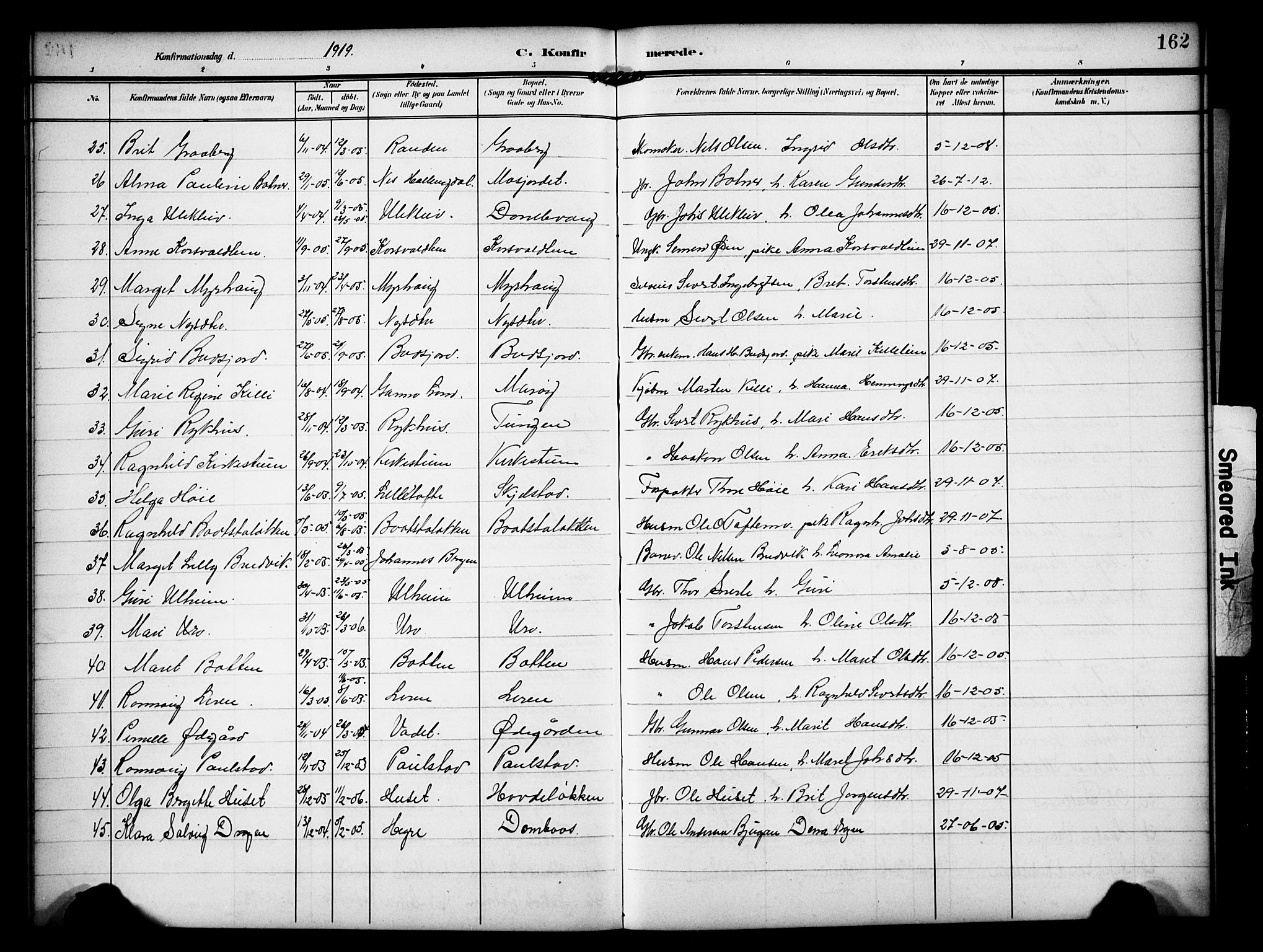 Dovre prestekontor, AV/SAH-PREST-066/H/Ha/Hab/L0003: Parish register (copy) no. 3, 1907-1929, p. 162