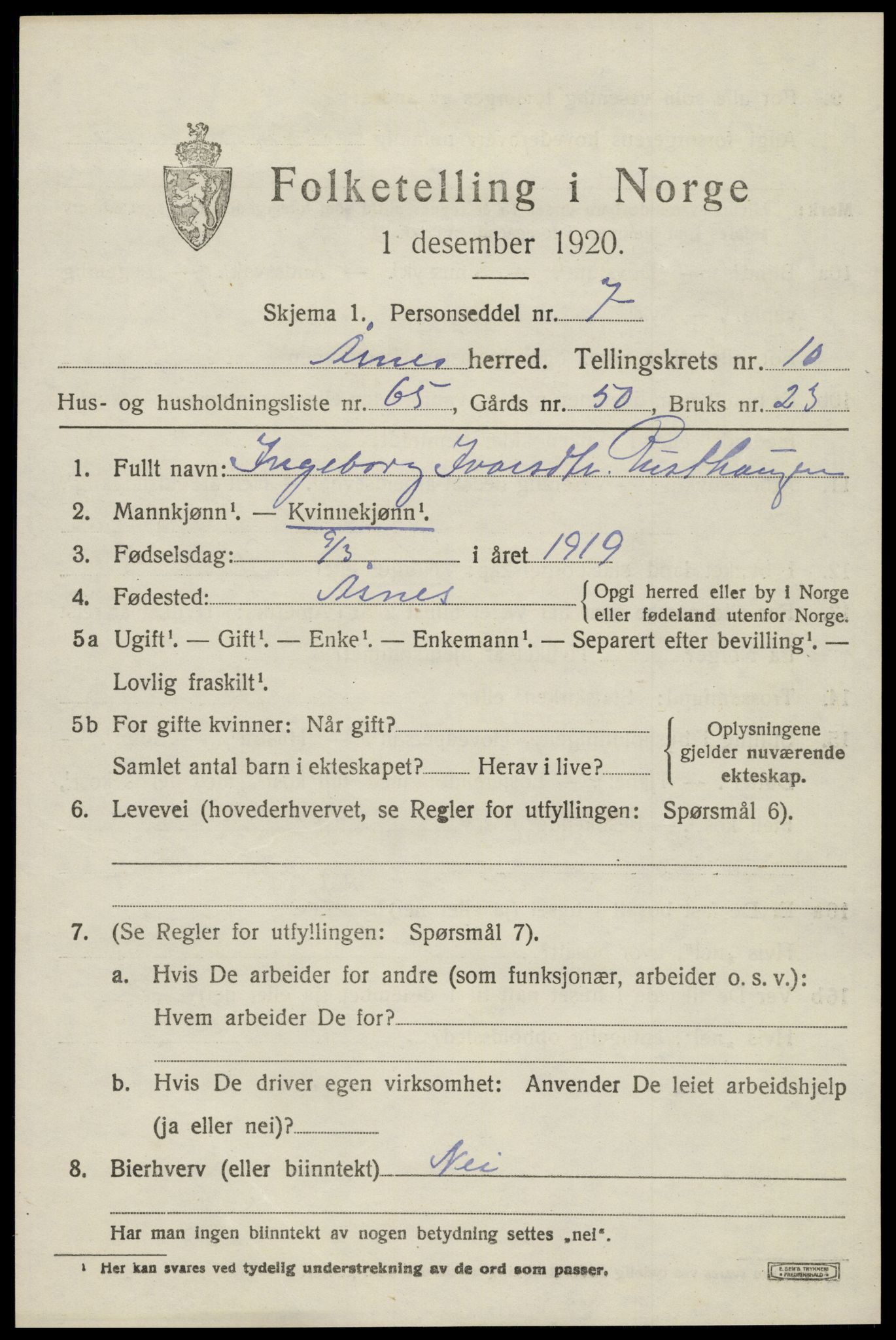 SAH, 1920 census for Åsnes, 1920, p. 11104