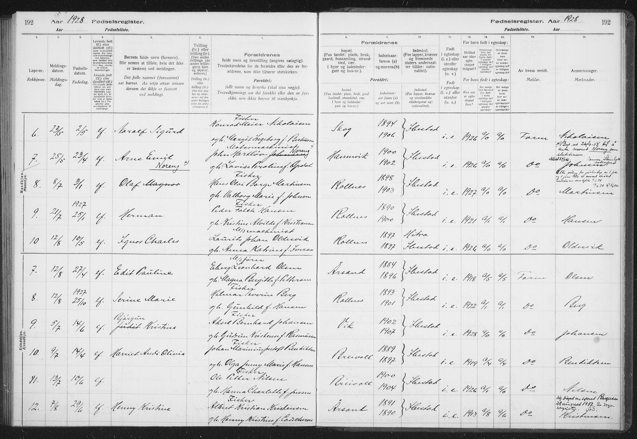 Ibestad sokneprestembete, SATØ/S-0077/I/Ic/L0061: Birth register no. 61, 1917-1929, p. 192