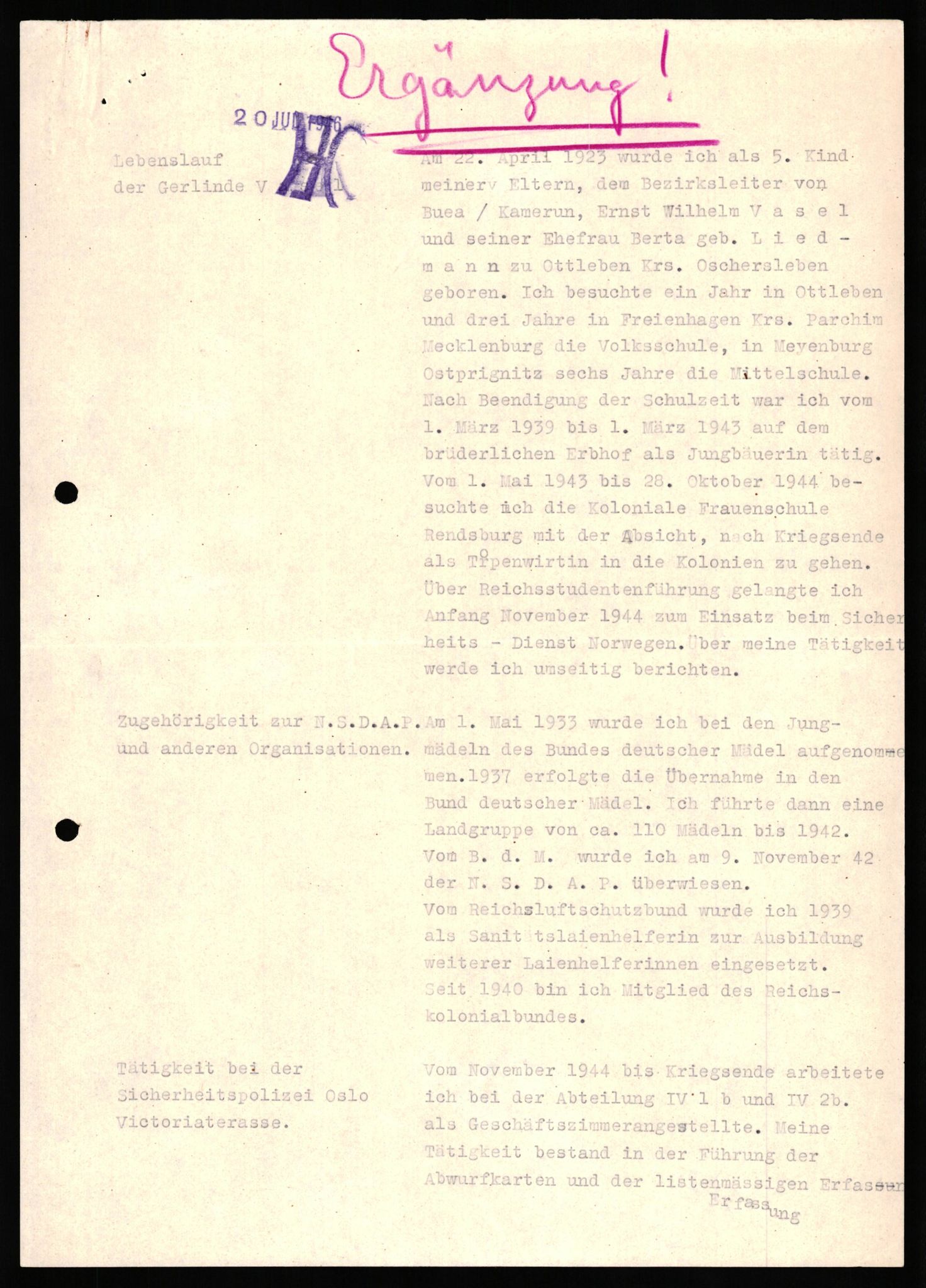 Forsvaret, Forsvarets overkommando II, AV/RA-RAFA-3915/D/Db/L0034: CI Questionaires. Tyske okkupasjonsstyrker i Norge. Tyskere., 1945-1946, p. 259