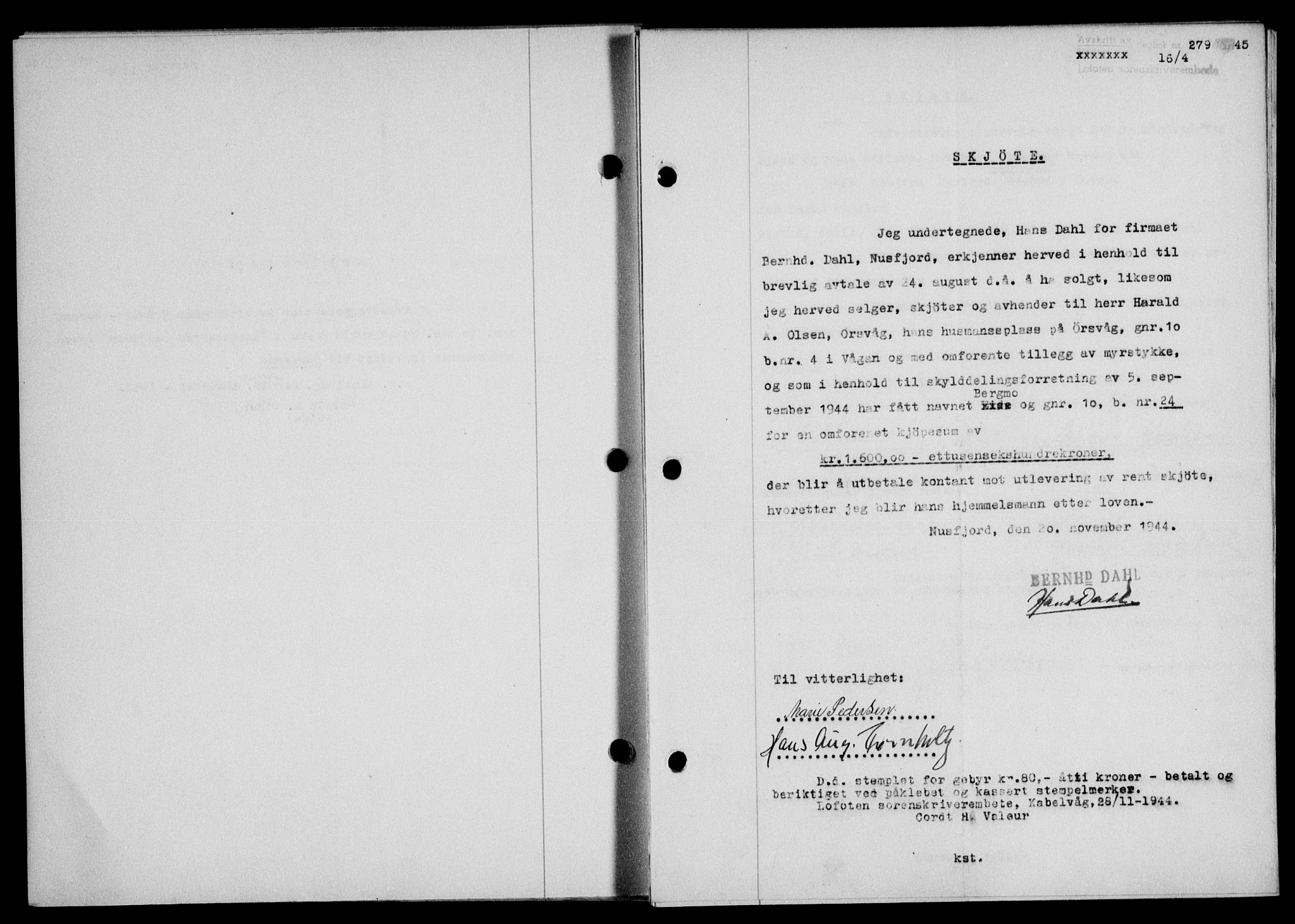 Lofoten sorenskriveri, SAT/A-0017/1/2/2C/L0013a: Mortgage book no. 13a, 1944-1946, Diary no: : 279/1945
