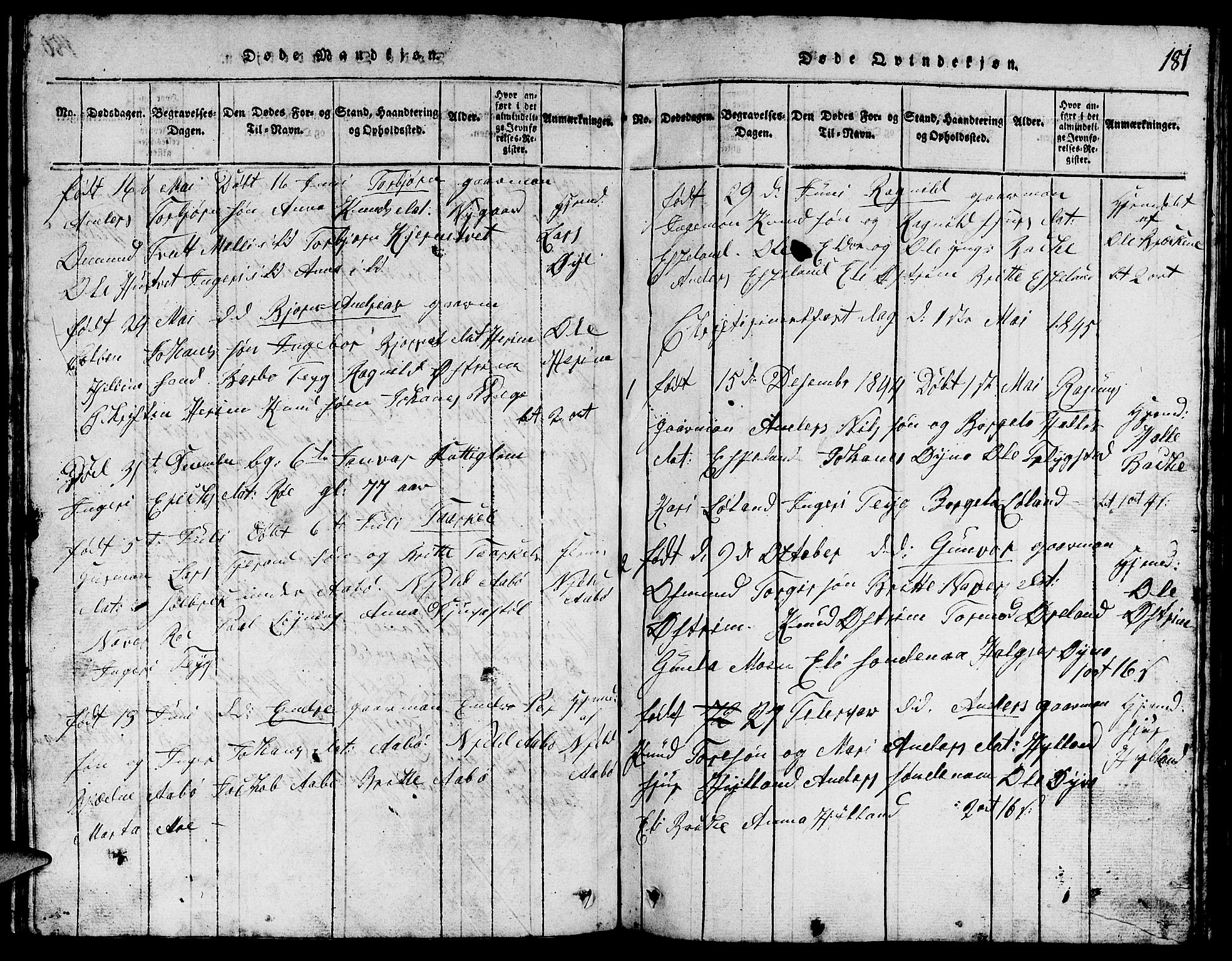 Suldal sokneprestkontor, SAST/A-101845/01/V/L0002: Parish register (copy) no. B 2, 1816-1845, p. 181