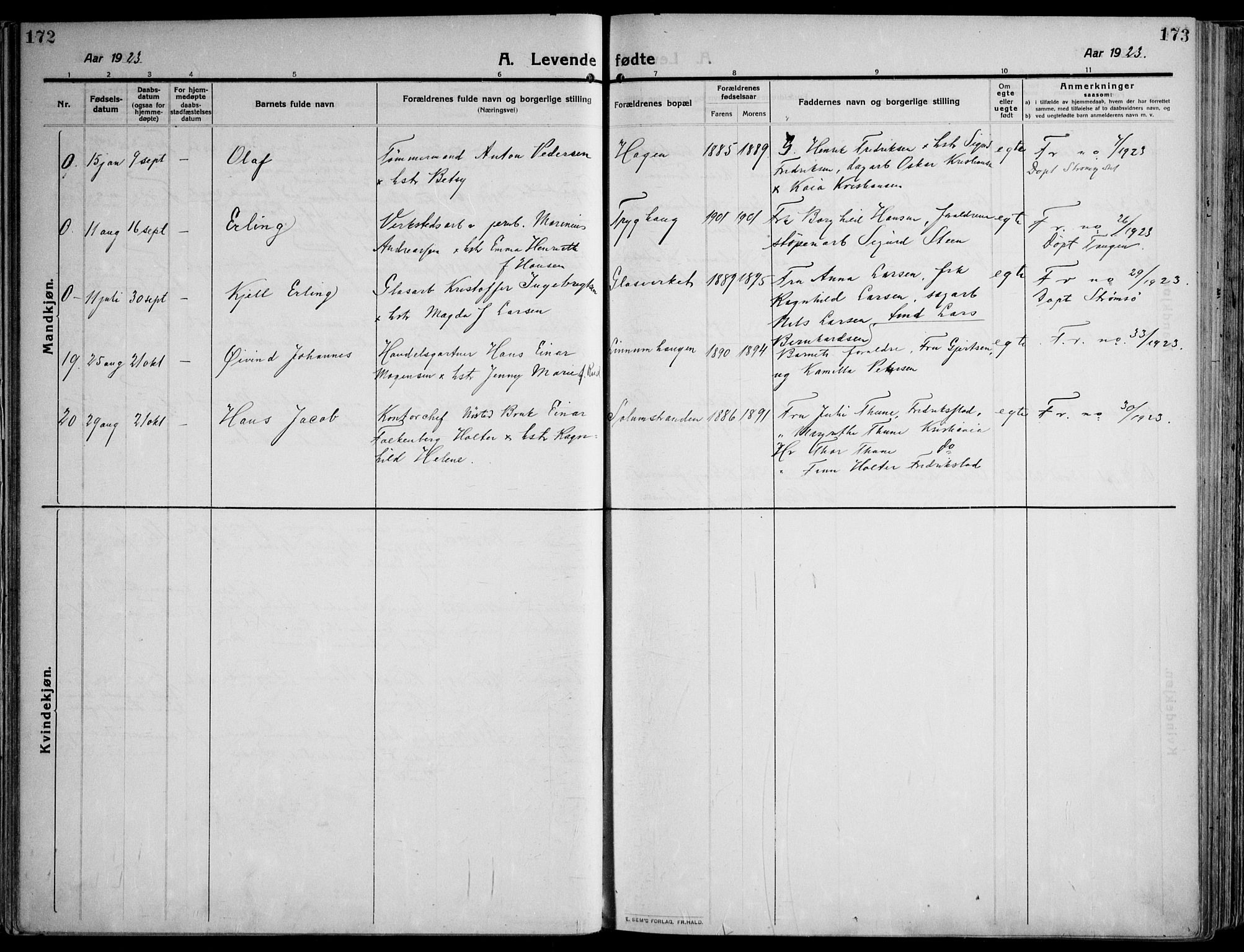 Skoger kirkebøker, AV/SAKO-A-59/F/Fa/L0007: Parish register (official) no. I 7, 1911-1936, p. 172-173