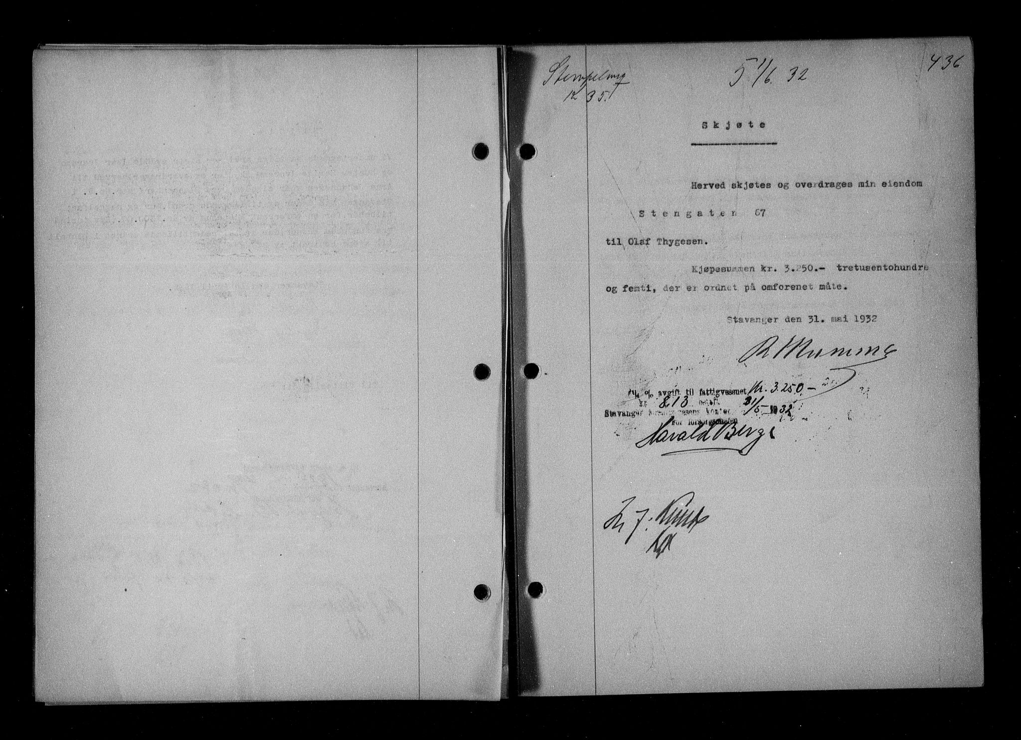 Stavanger byfogd, SAST/A-101408/001/4/41/410/410BB/L0061: Mortgage book no. 51, 1932-1932, Deed date: 01.06.1932