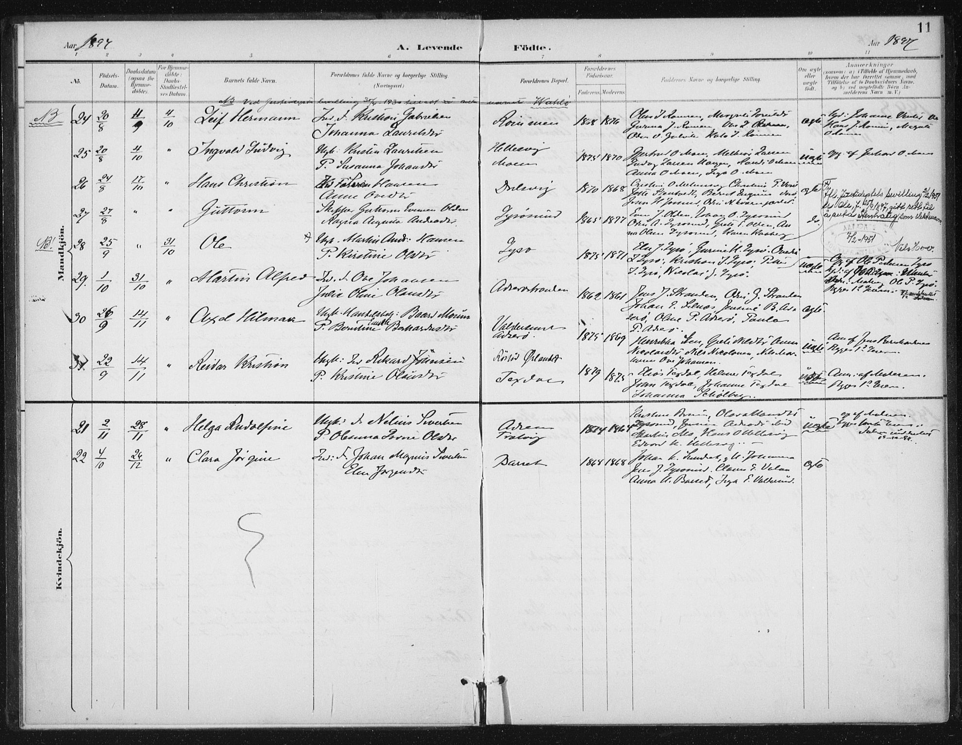 Ministerialprotokoller, klokkerbøker og fødselsregistre - Sør-Trøndelag, AV/SAT-A-1456/654/L0664: Parish register (official) no. 654A02, 1895-1907, p. 11