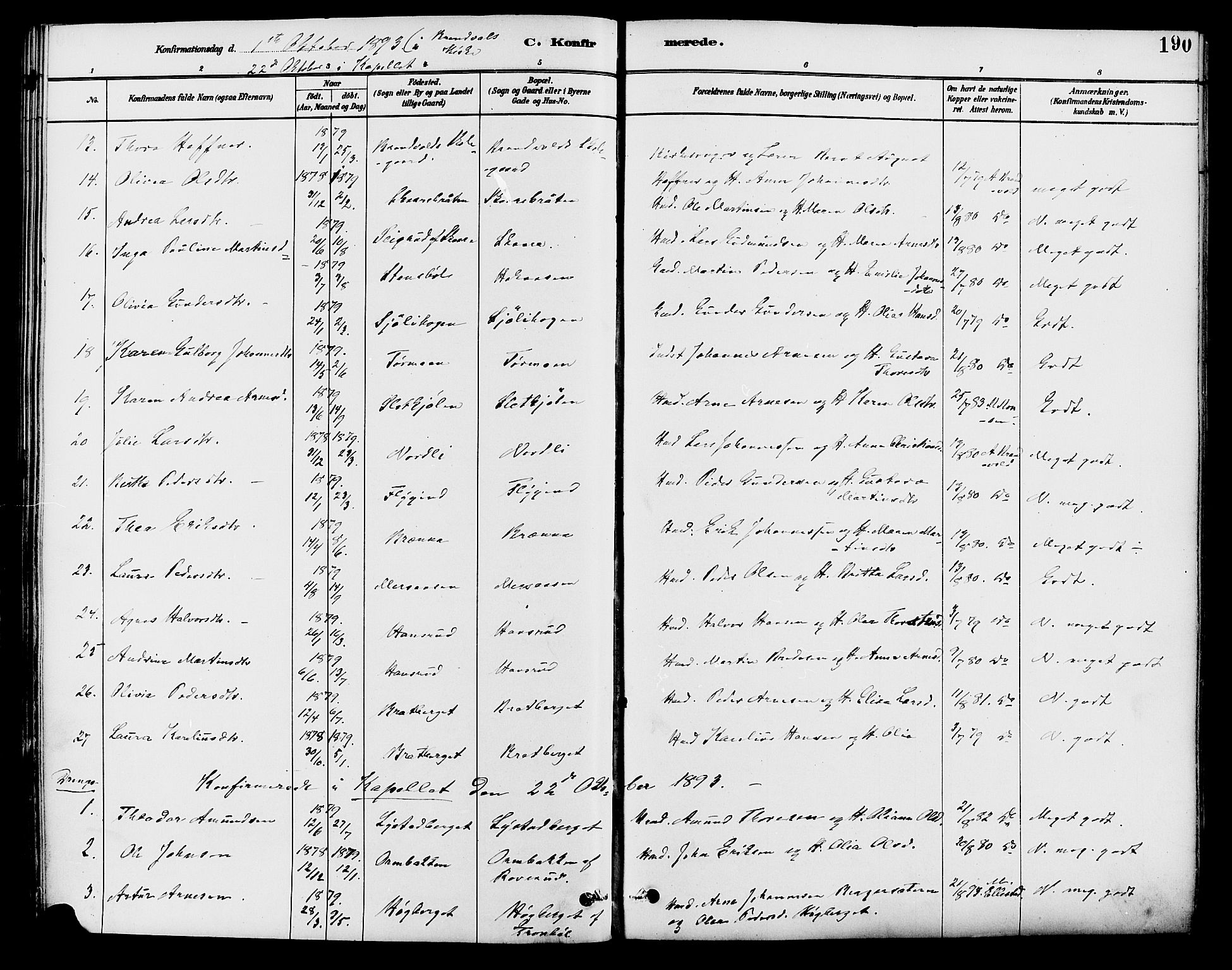 Brandval prestekontor, AV/SAH-PREST-034/H/Ha/Haa/L0002: Parish register (official) no. 2, 1880-1894, p. 190