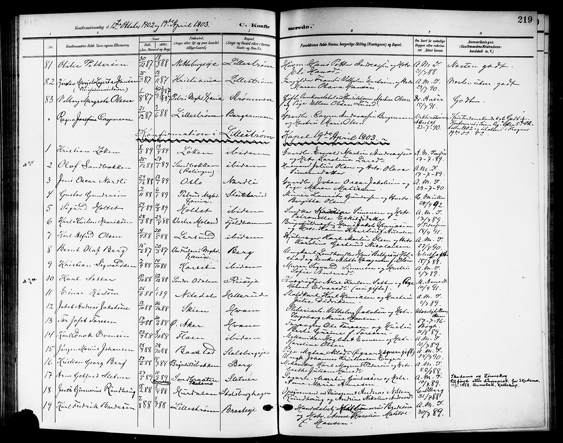 Skedsmo prestekontor Kirkebøker, AV/SAO-A-10033a/G/Ga/L0005b: Parish register (copy) no. I 5B, 1902-1911, p. 219