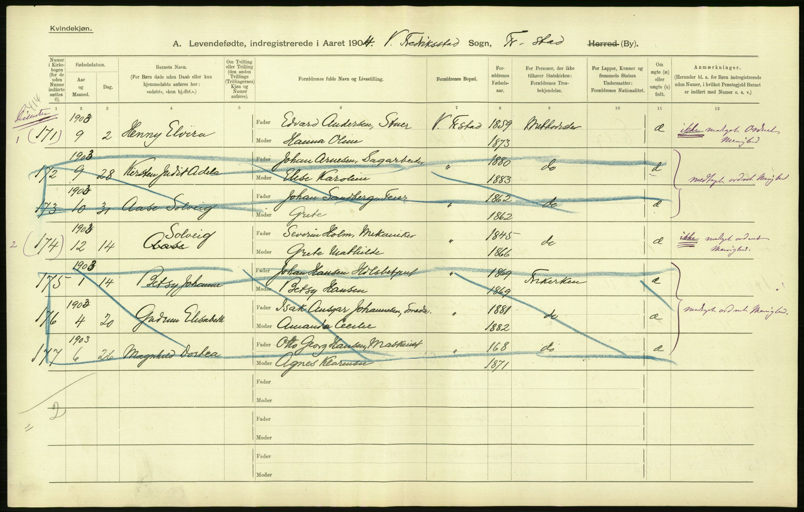 Statistisk sentralbyrå, Sosiodemografiske emner, Befolkning, AV/RA-S-2228/D/Df/Dfa/Dfab/L0001: Smålenenes amt: Fødte, gifte, døde, 1904, p. 28