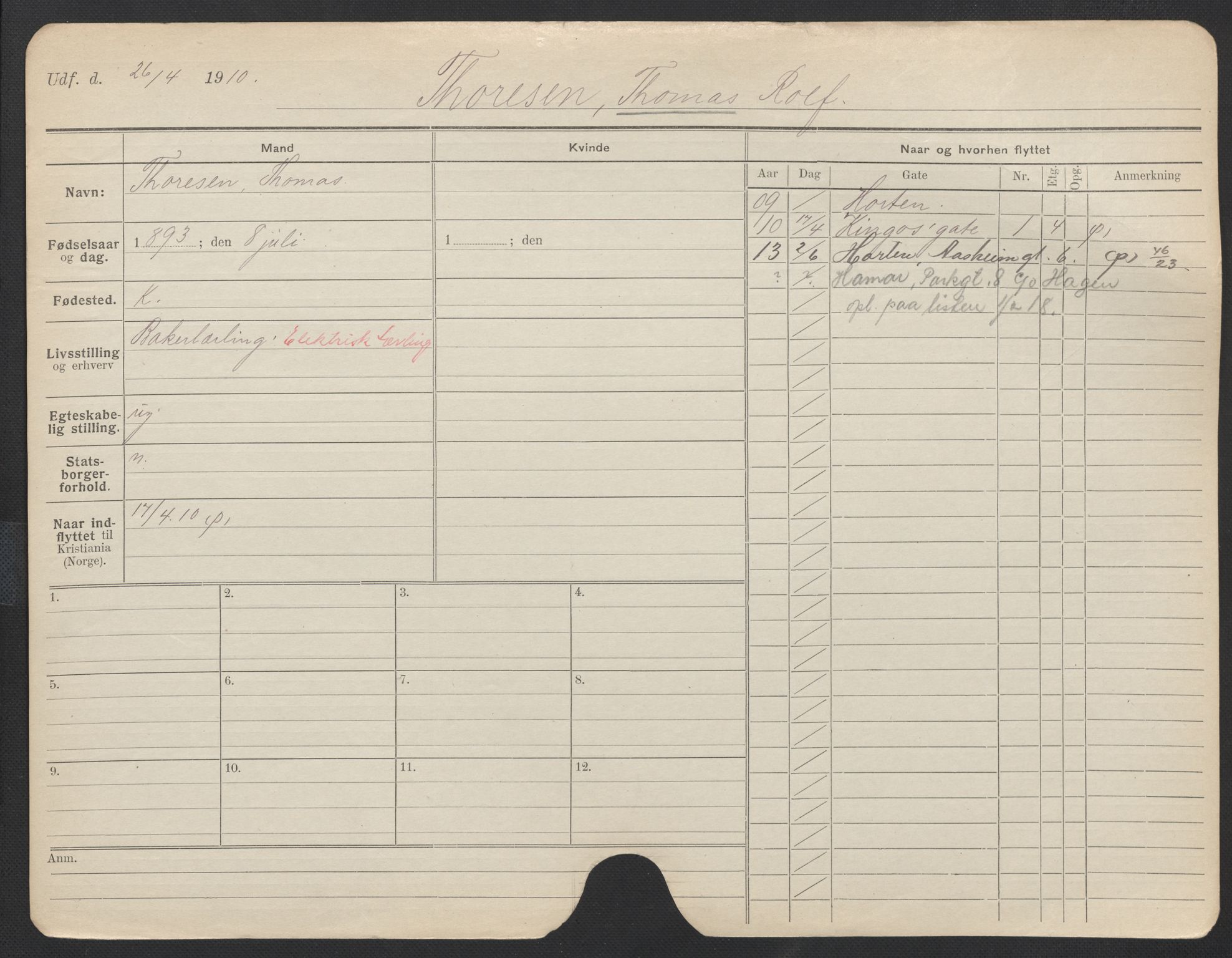 Oslo folkeregister, Registerkort, AV/SAO-A-11715/F/Fa/Fac/L0011: Menn, 1906-1914, p. 225a