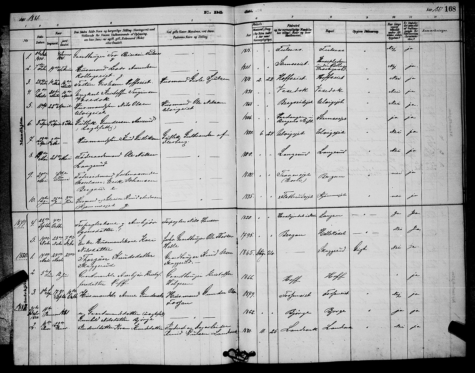 Rollag kirkebøker, SAKO/A-240/G/Ga/L0004: Parish register (copy) no. I 4, 1878-1903, p. 168