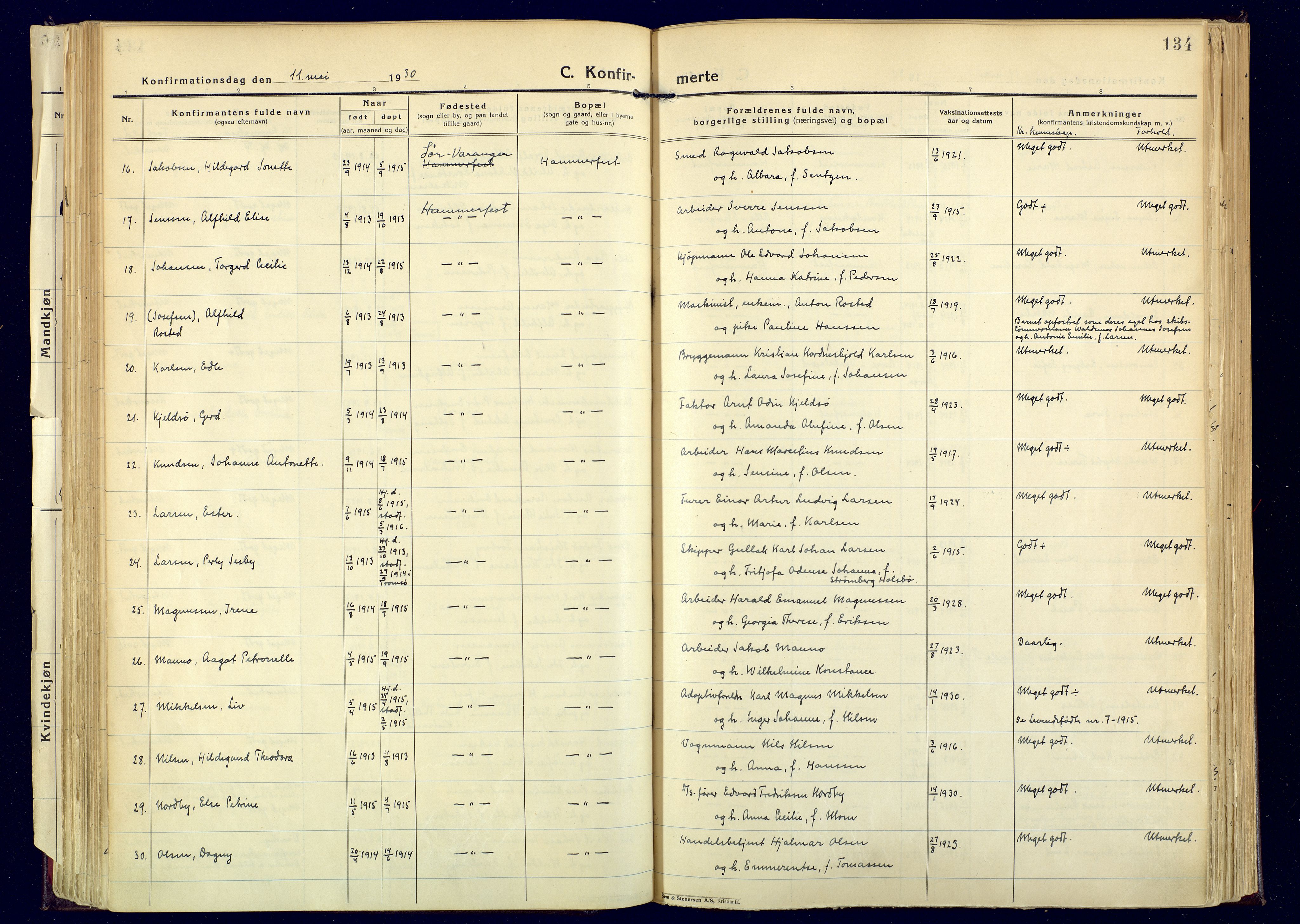 Hammerfest sokneprestkontor, AV/SATØ-S-1347/H/Ha/L0017.kirke: Parish register (official) no. 17, 1923-1933, p. 134