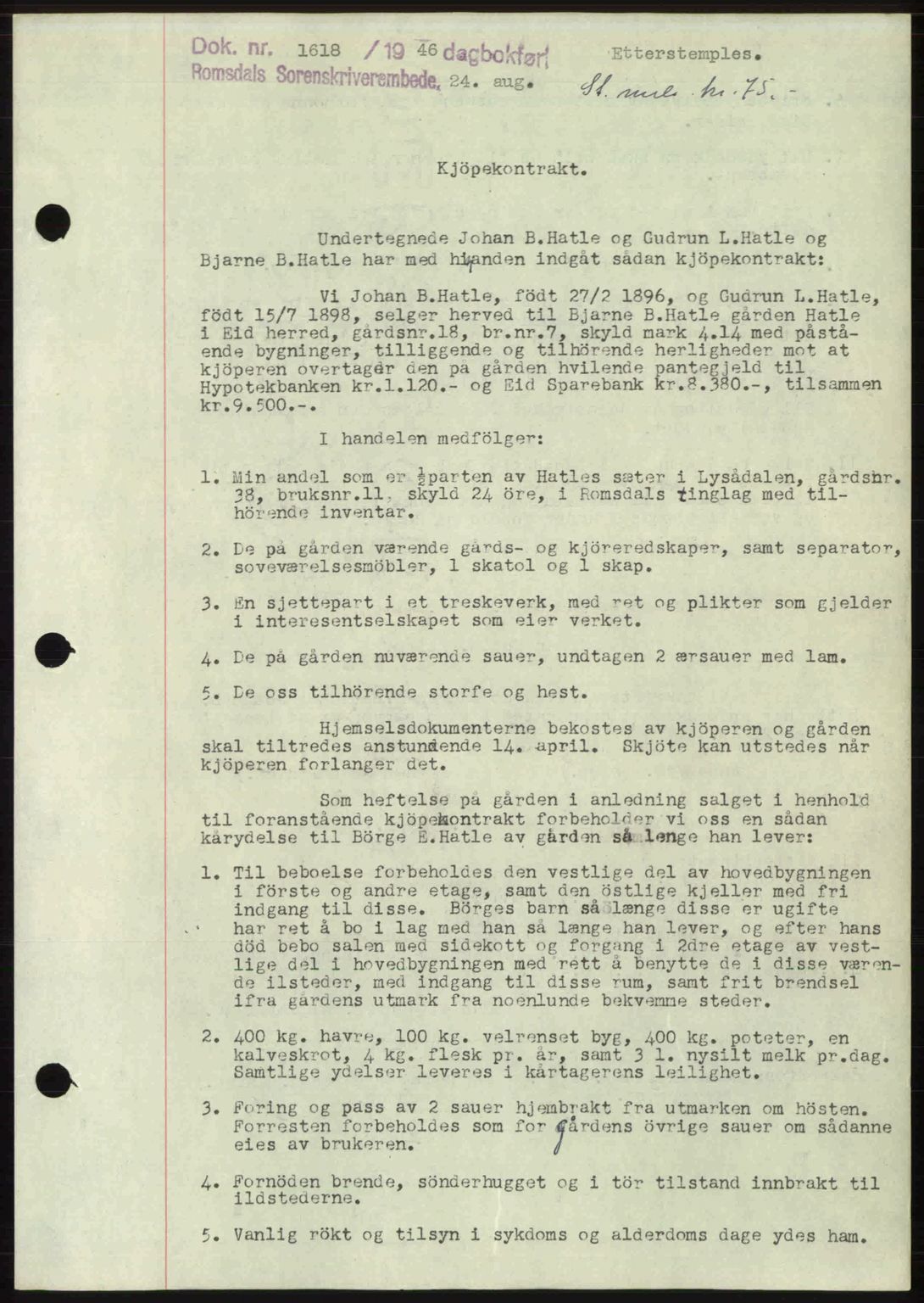 Romsdal sorenskriveri, AV/SAT-A-4149/1/2/2C: Mortgage book no. A20, 1946-1946, Diary no: : 1618/1946