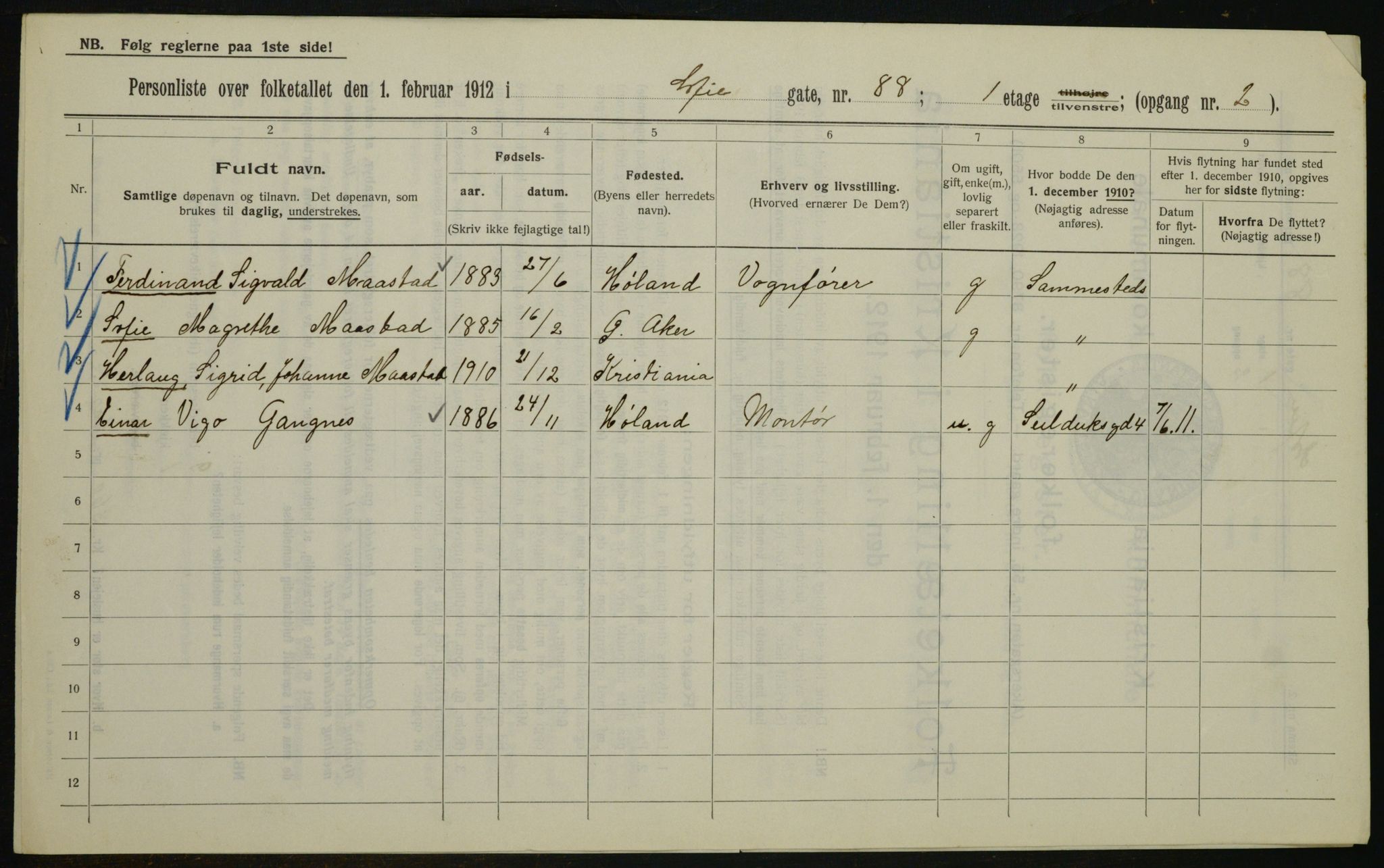 OBA, Municipal Census 1912 for Kristiania, 1912, p. 99640