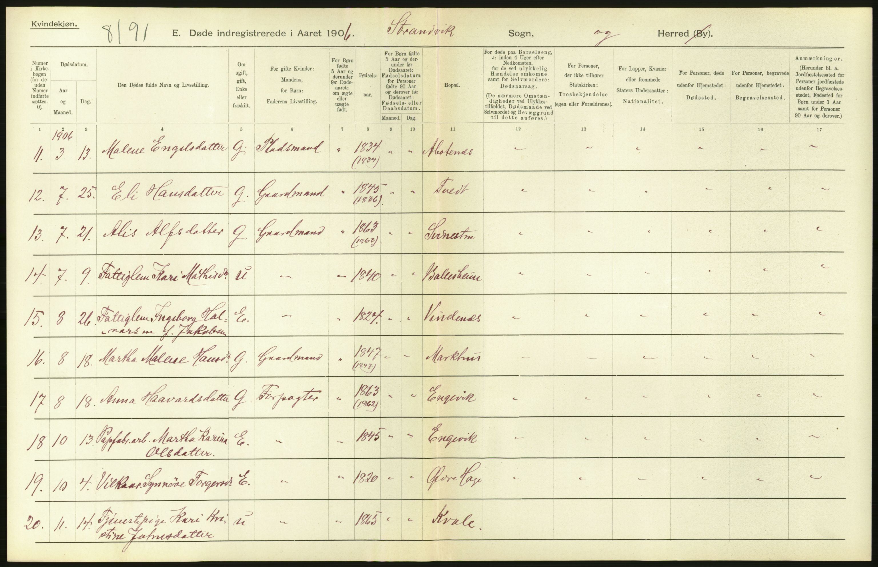 Statistisk sentralbyrå, Sosiodemografiske emner, Befolkning, AV/RA-S-2228/D/Df/Dfa/Dfad/L0030: S. Bergenhus amt: Døde. Bygder., 1906, p. 30