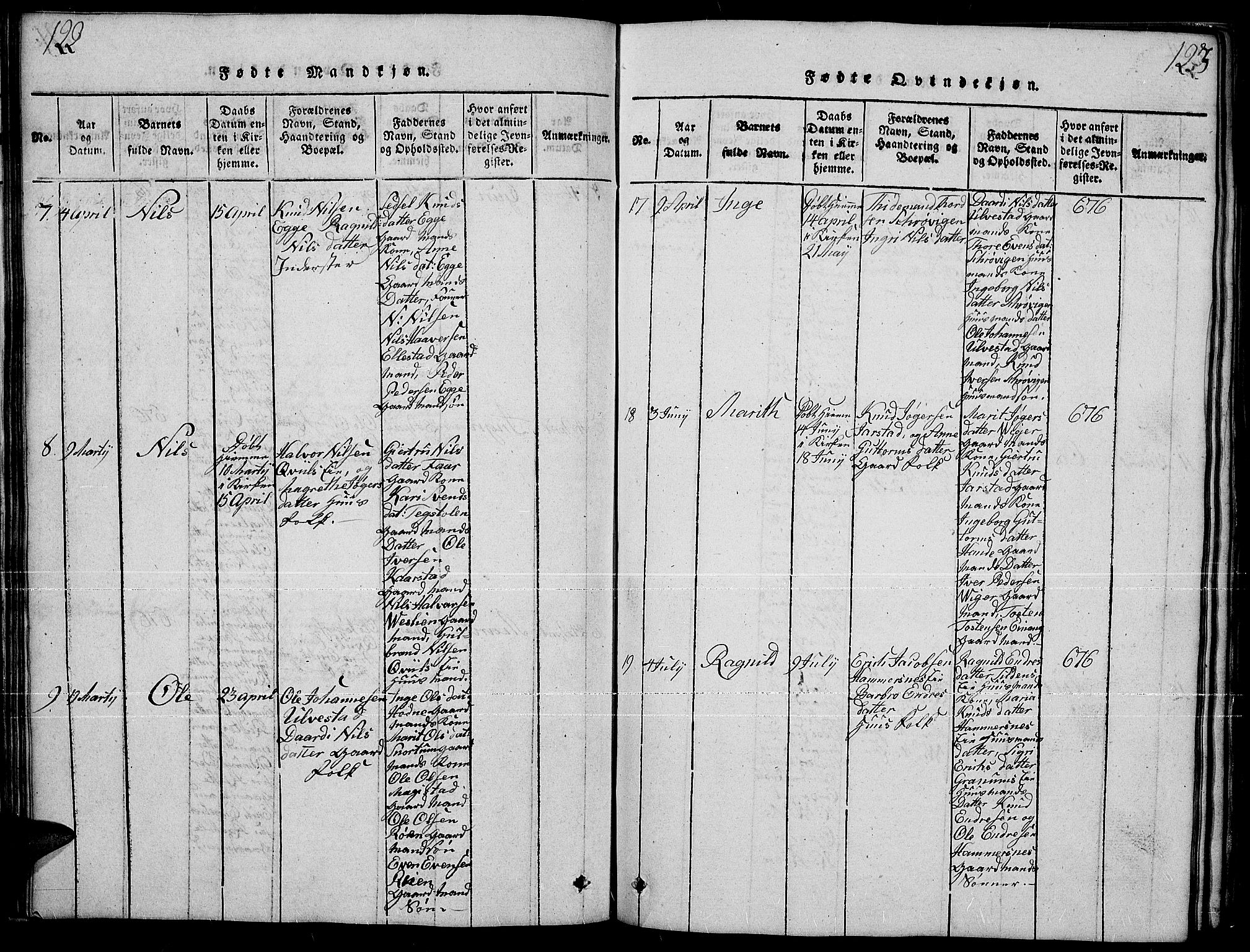 Slidre prestekontor, SAH/PREST-134/H/Ha/Hab/L0001: Parish register (copy) no. 1, 1814-1838, p. 122-123