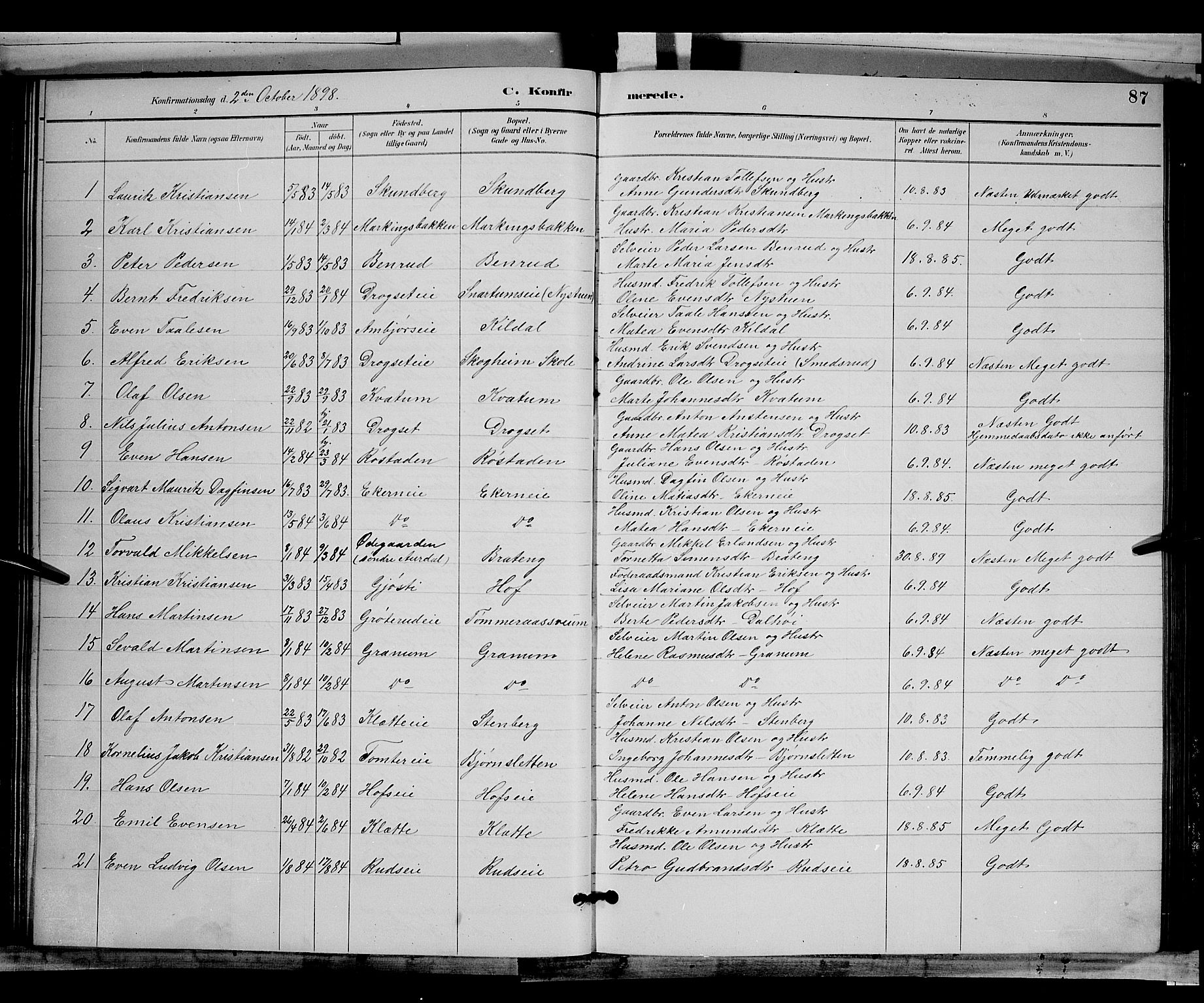 Biri prestekontor, SAH/PREST-096/H/Ha/Hab/L0003: Parish register (copy) no. 3, 1892-1905, p. 87