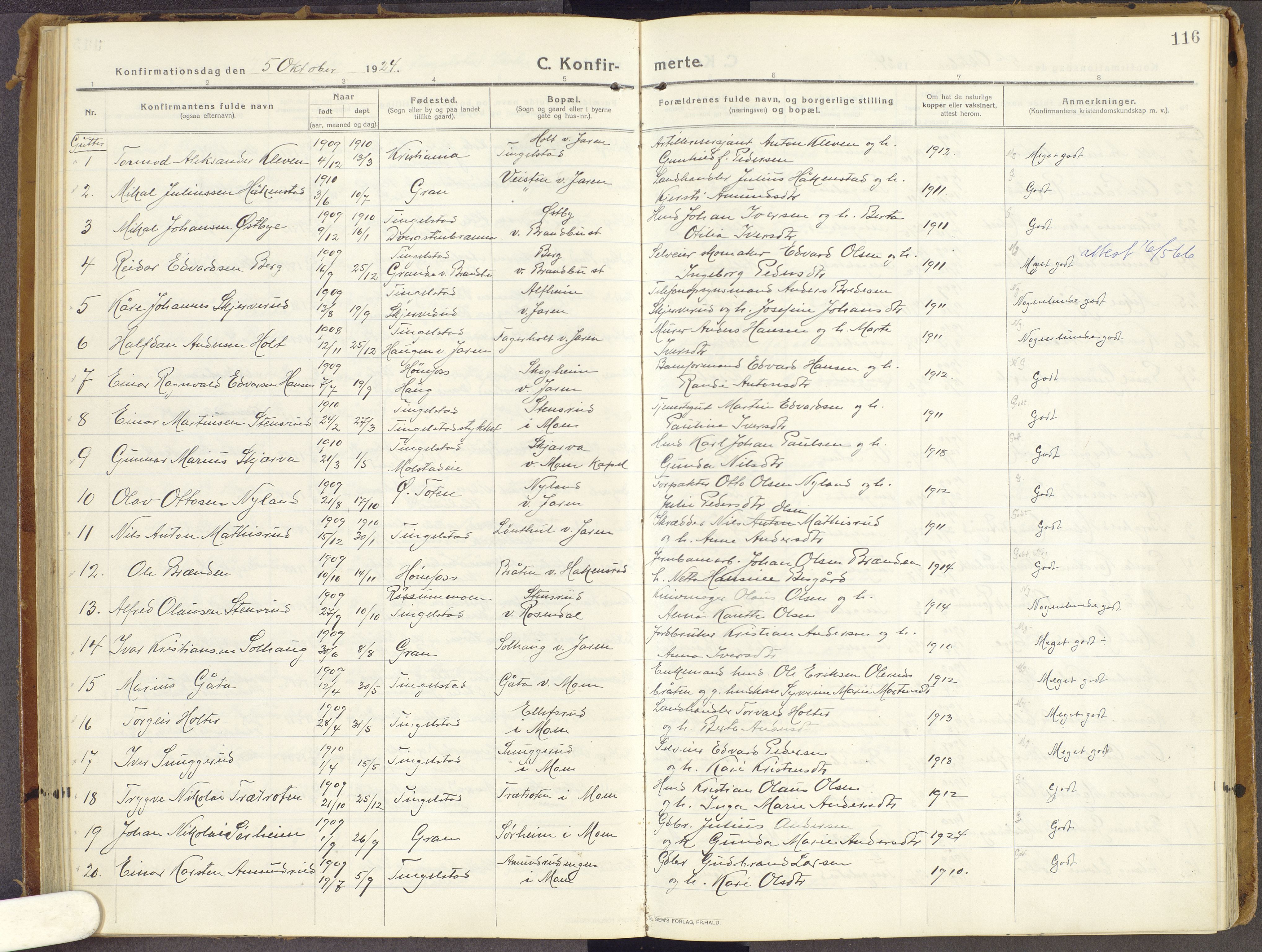 Brandbu prestekontor, SAH/PREST-114/H/Ha/Haa/L0003: Parish register (official) no. 3, 1914-1928, p. 116