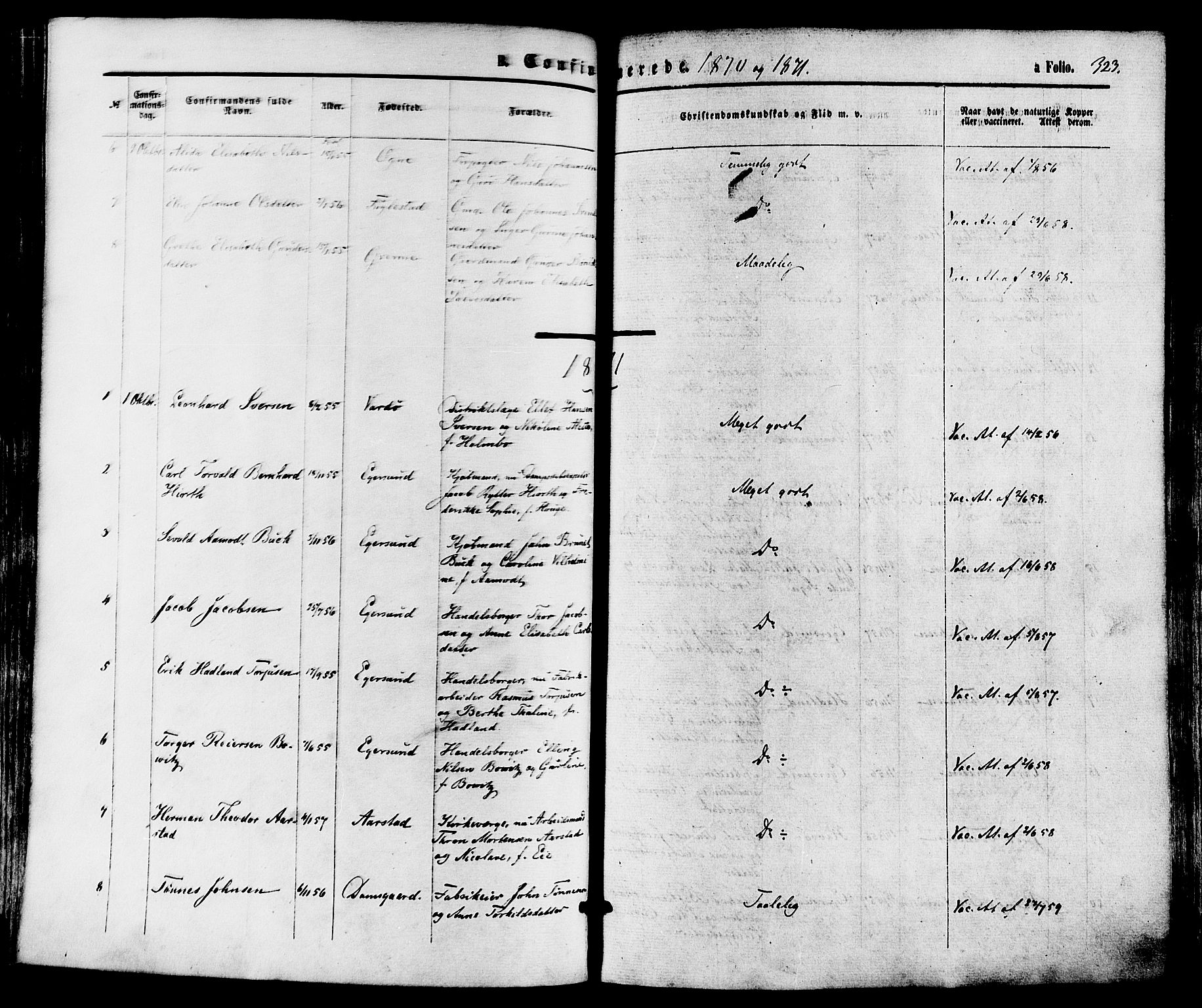 Eigersund sokneprestkontor, AV/SAST-A-101807/S08/L0014: Parish register (official) no. A 13, 1866-1878, p. 323