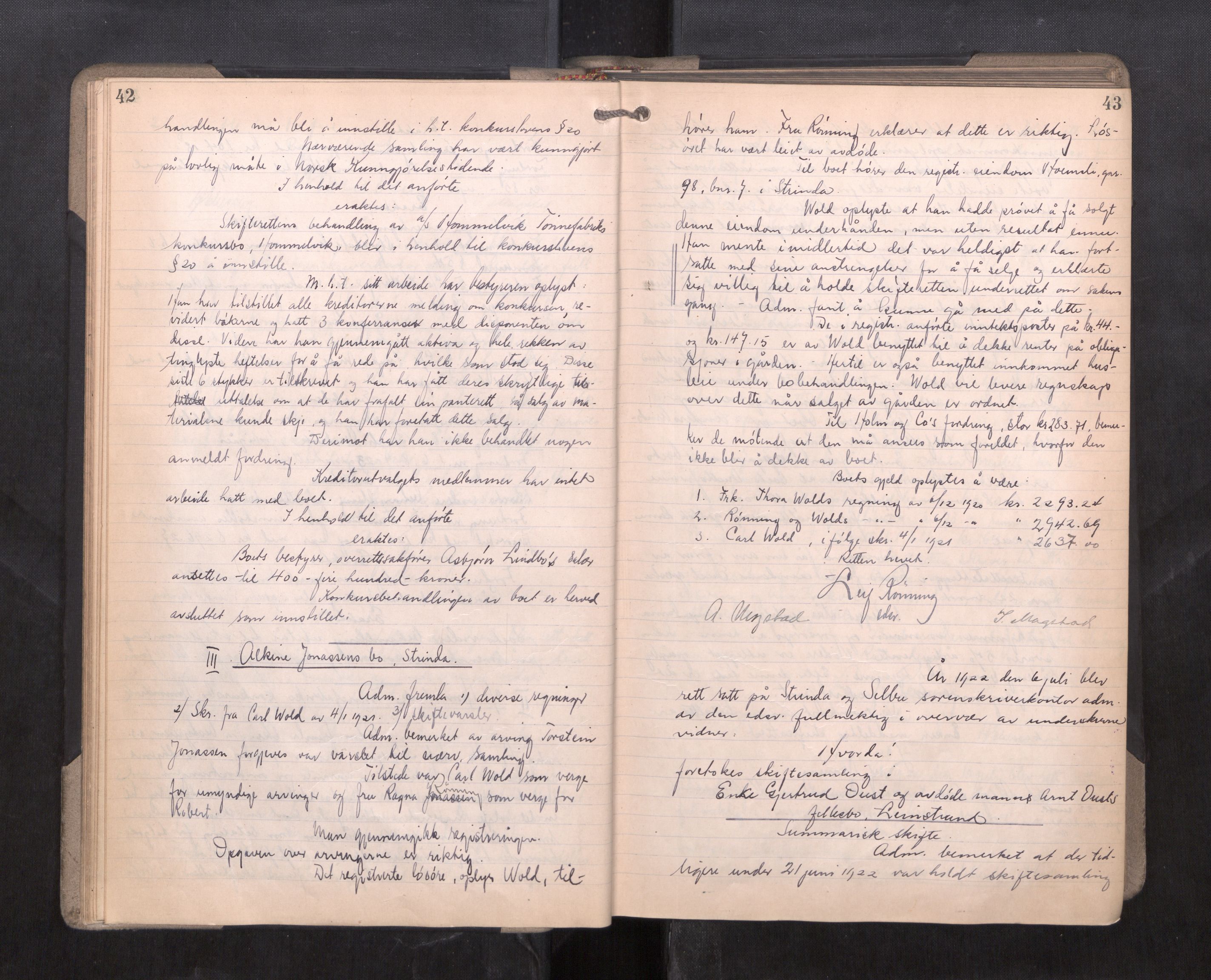 Strinda og Selbu sorenskriveri, AV/SAT-A-0015/3/3B/L0014: Skifteforhandlingsprot. 14, 1922-1924, p. 42-43