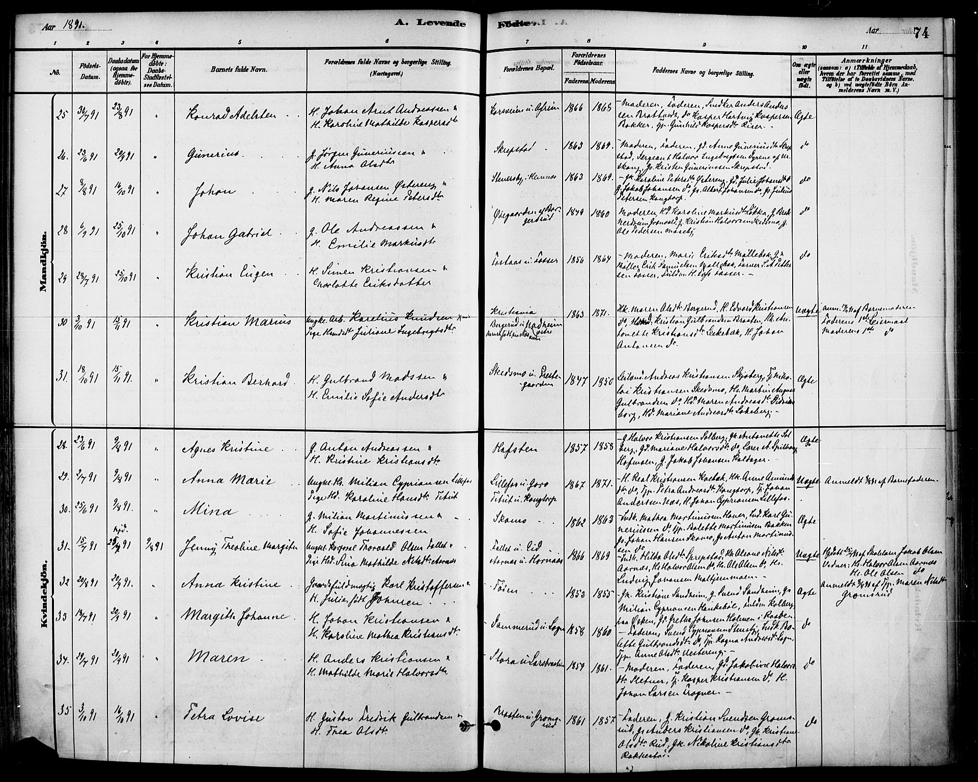 Høland prestekontor Kirkebøker, SAO/A-10346a/F/Fa/L0013: Parish register (official) no. I 13, 1880-1897, p. 74