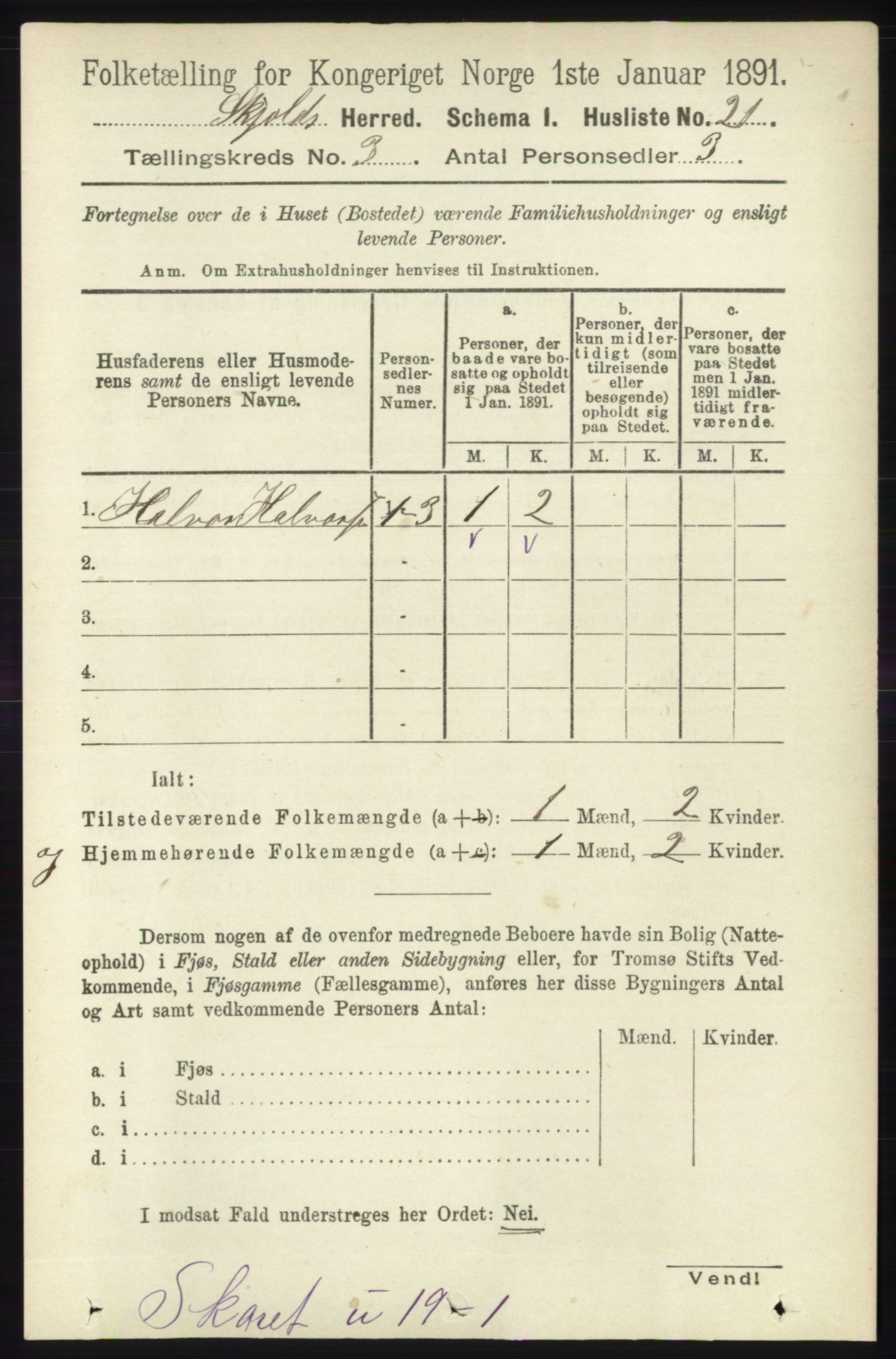 RA, 1891 census for 1154 Skjold, 1891, p. 379