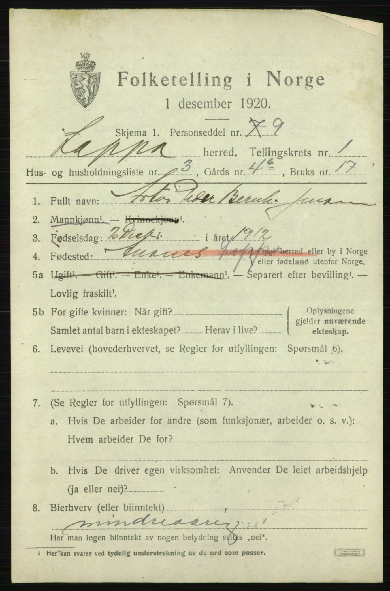 SATØ, 1920 census for Loppa, 1920, p. 660