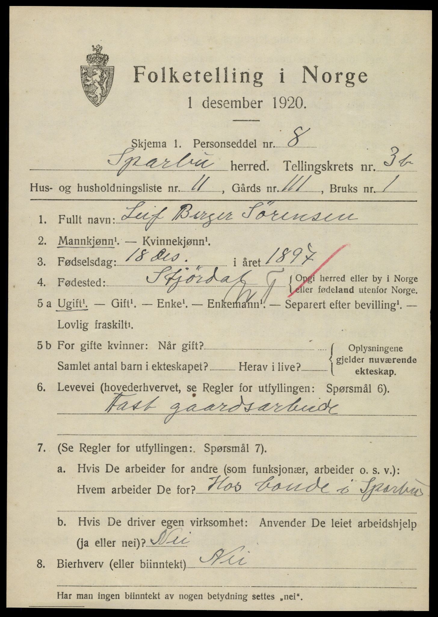 SAT, 1920 census for Sparbu, 1920, p. 4945
