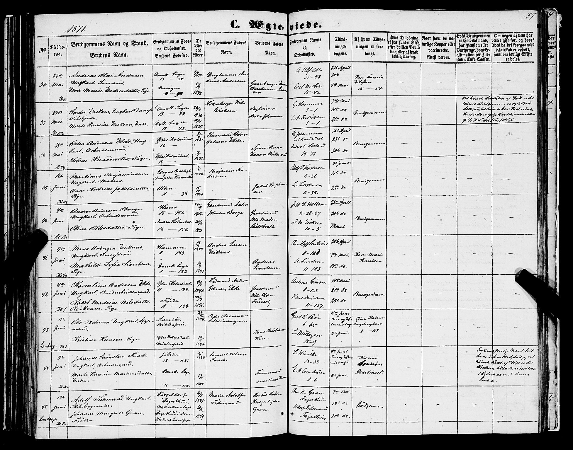 Domkirken sokneprestembete, AV/SAB-A-74801/H/Haa/L0034: Parish register (official) no. D 2, 1853-1874, p. 157