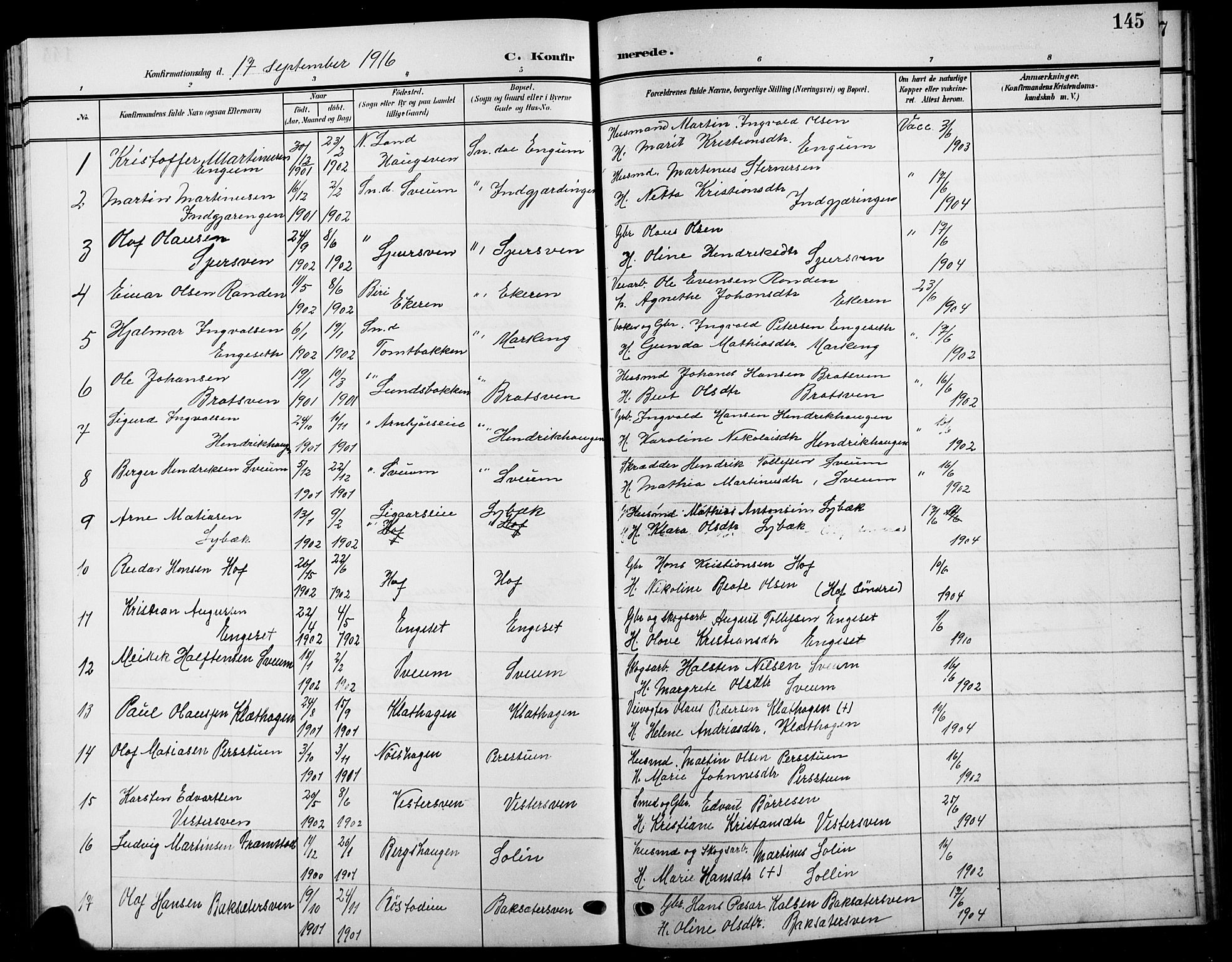 Biri prestekontor, SAH/PREST-096/H/Ha/Hab/L0005: Parish register (copy) no. 5, 1906-1919, p. 145