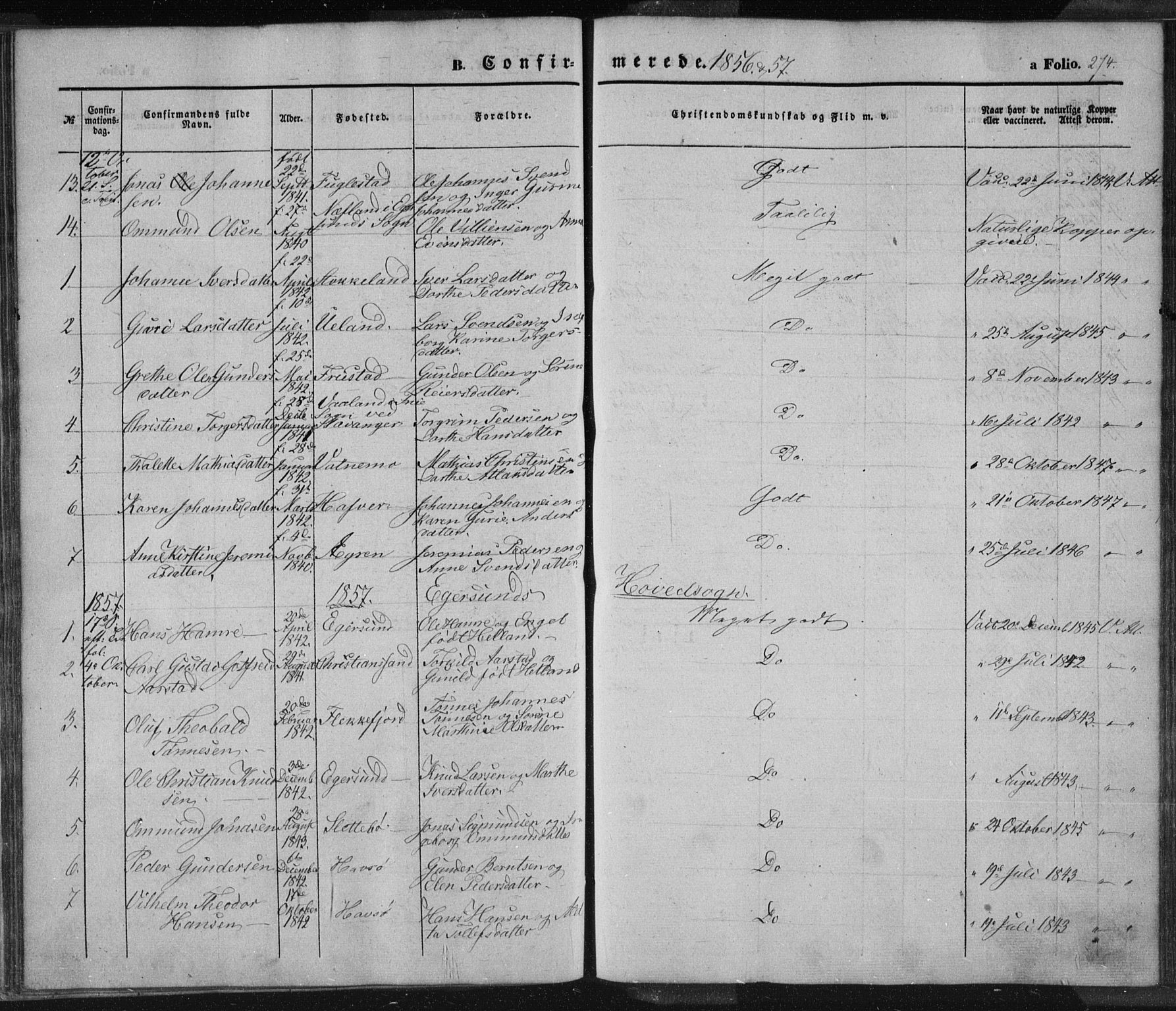 Eigersund sokneprestkontor, SAST/A-101807/S08/L0012: Parish register (official) no. A 12.1, 1850-1865, p. 274