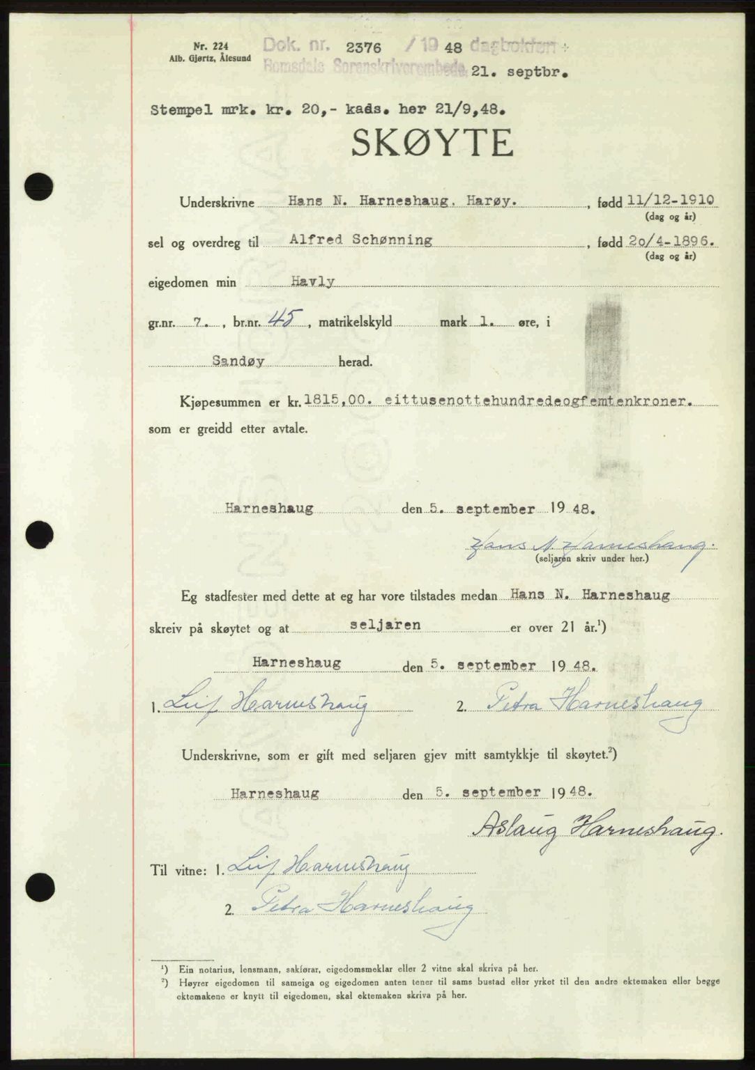 Romsdal sorenskriveri, AV/SAT-A-4149/1/2/2C: Mortgage book no. A27, 1948-1948, Diary no: : 2376/1948