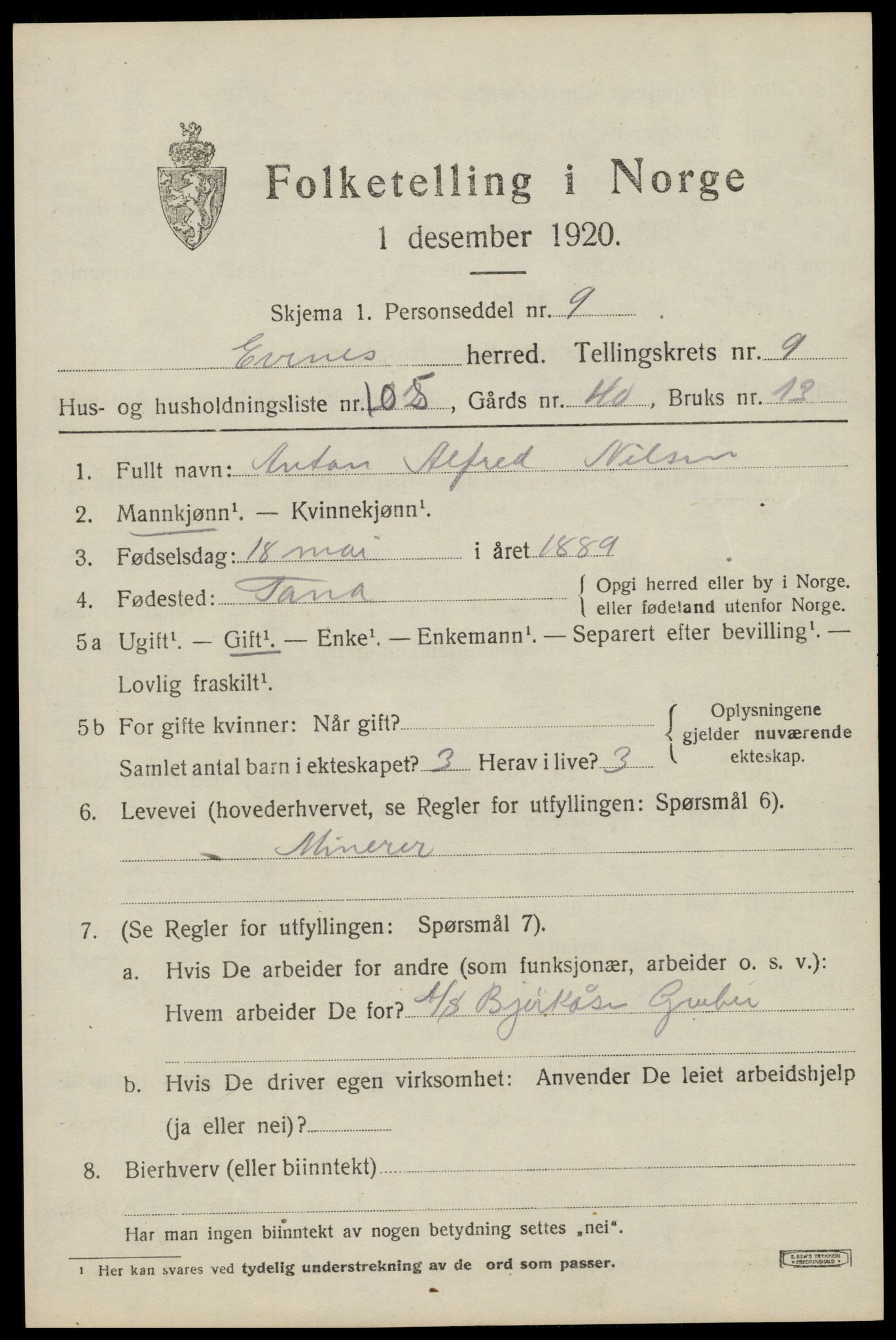 SAT, 1920 census for Evenes, 1920, p. 9170