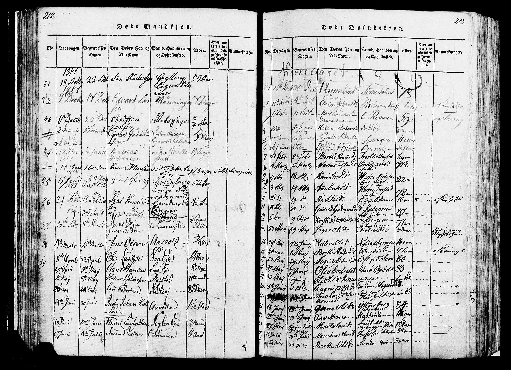 Løten prestekontor, SAH/PREST-022/K/Ka/L0005: Parish register (official) no. 5, 1814-1832, p. 212-213