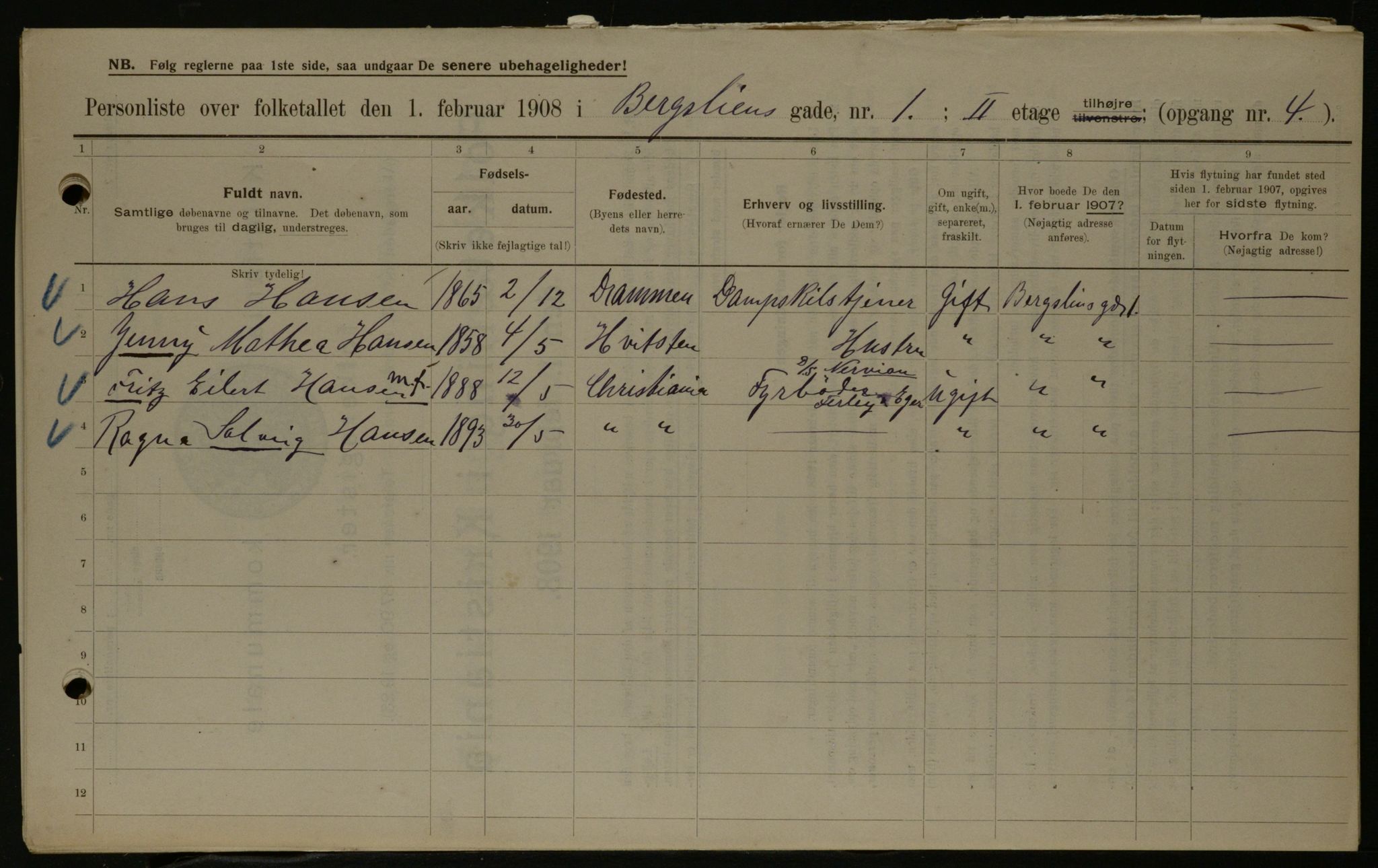 OBA, Municipal Census 1908 for Kristiania, 1908, p. 4036