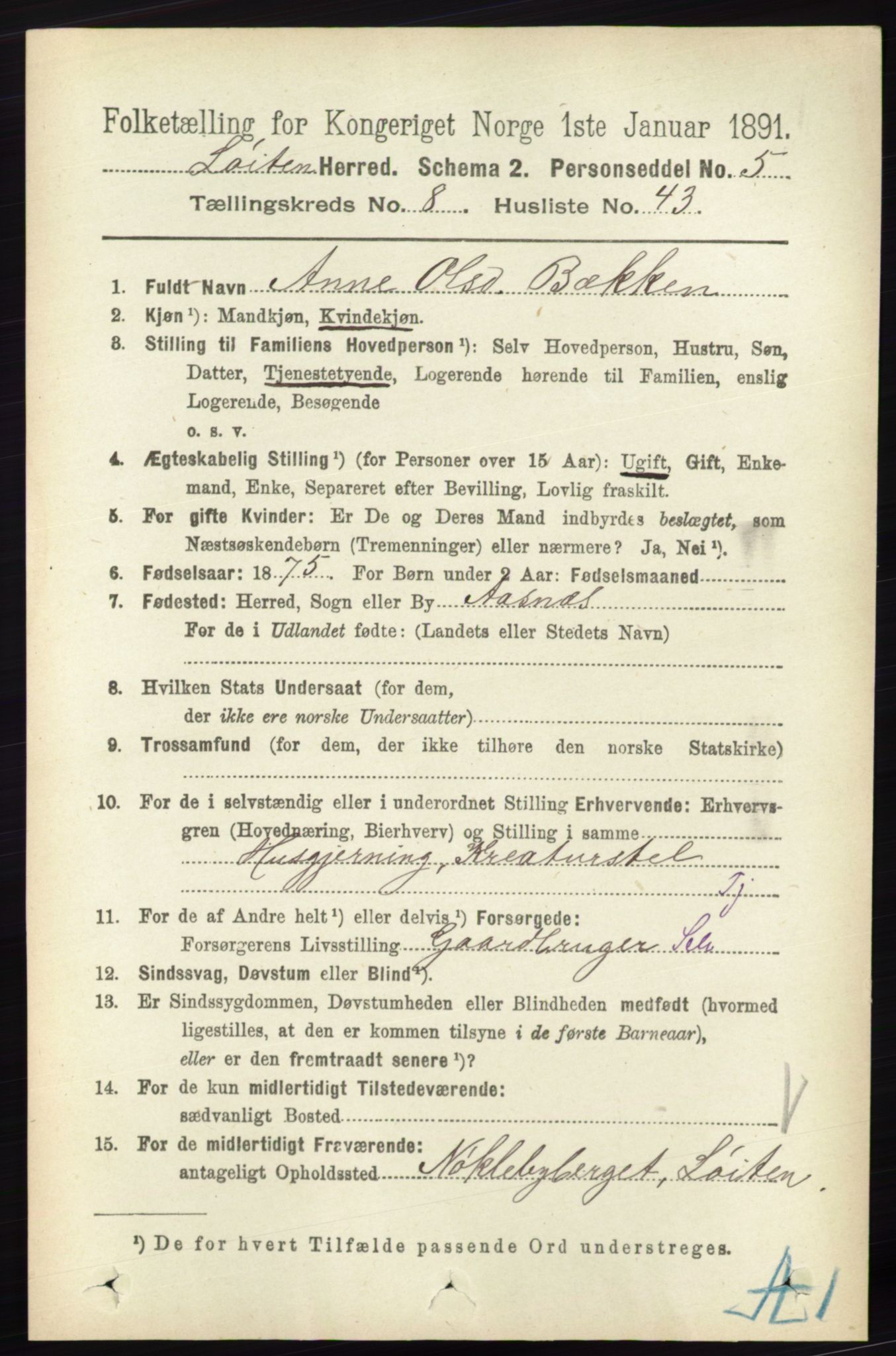 RA, 1891 census for 0415 Løten, 1891, p. 5516