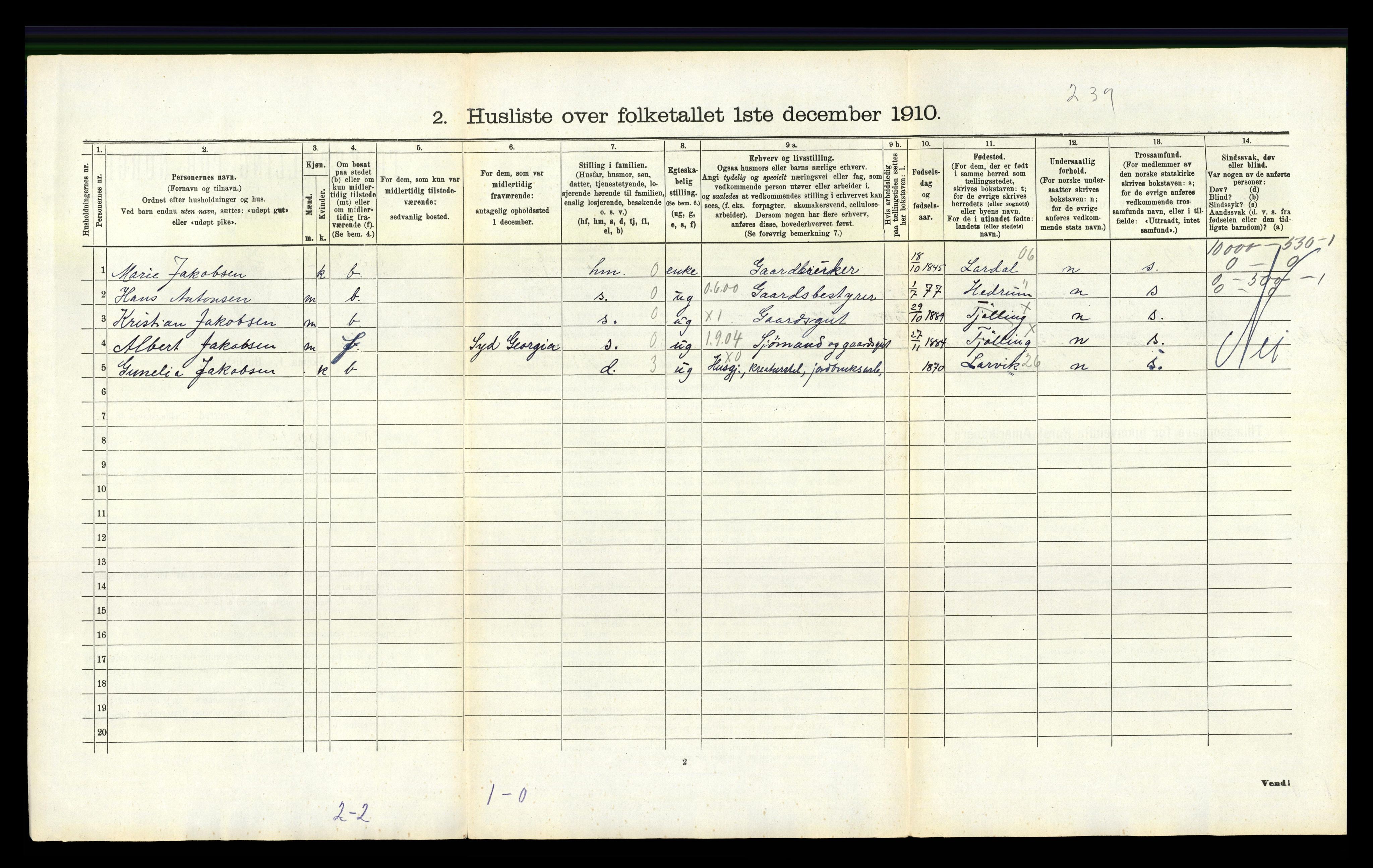 RA, 1910 census for Tjølling, 1910, p. 1040