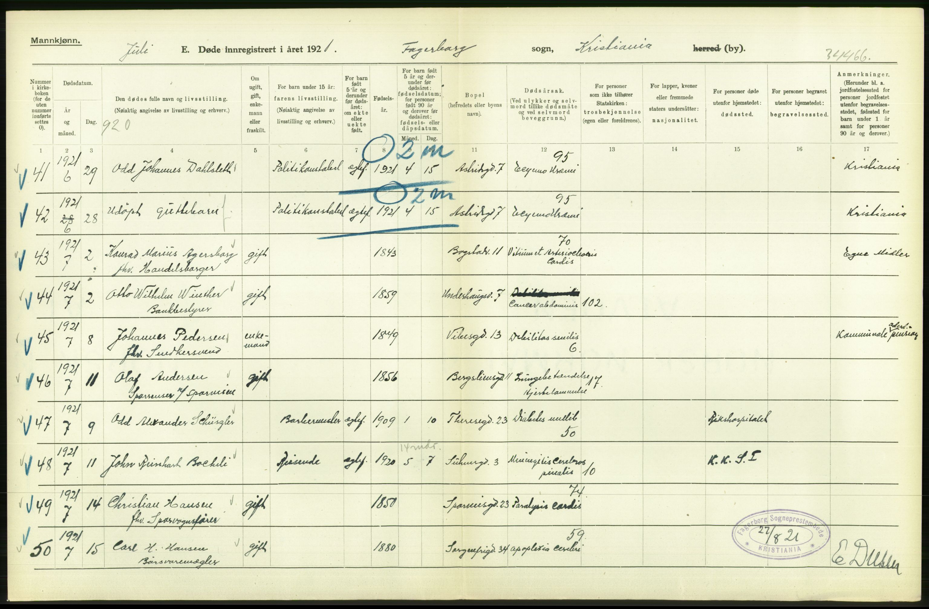 Statistisk sentralbyrå, Sosiodemografiske emner, Befolkning, AV/RA-S-2228/D/Df/Dfc/Dfca/L0012: Kristiania: Døde, 1921, p. 296