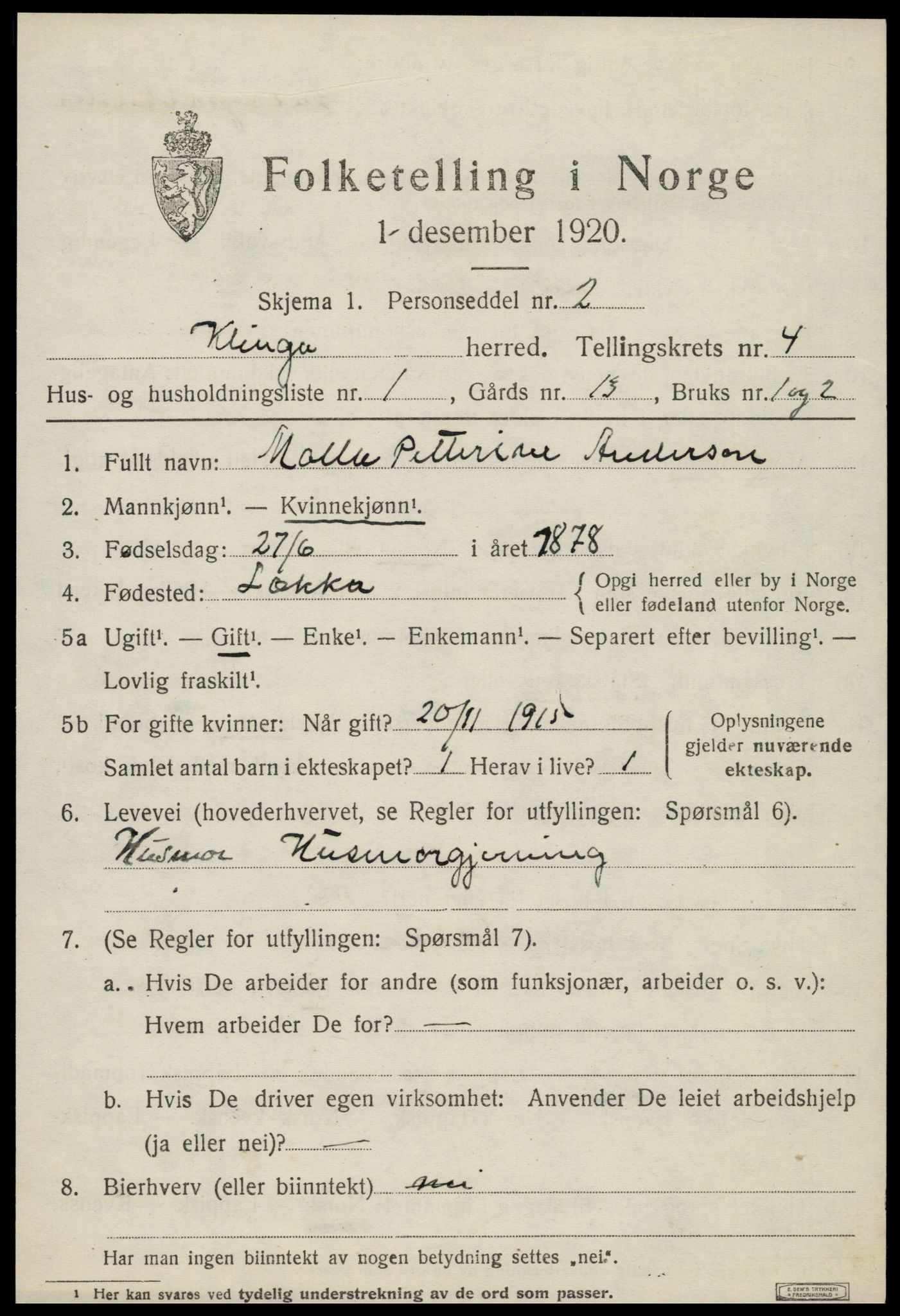 SAT, 1920 census for Klinga, 1920, p. 2407