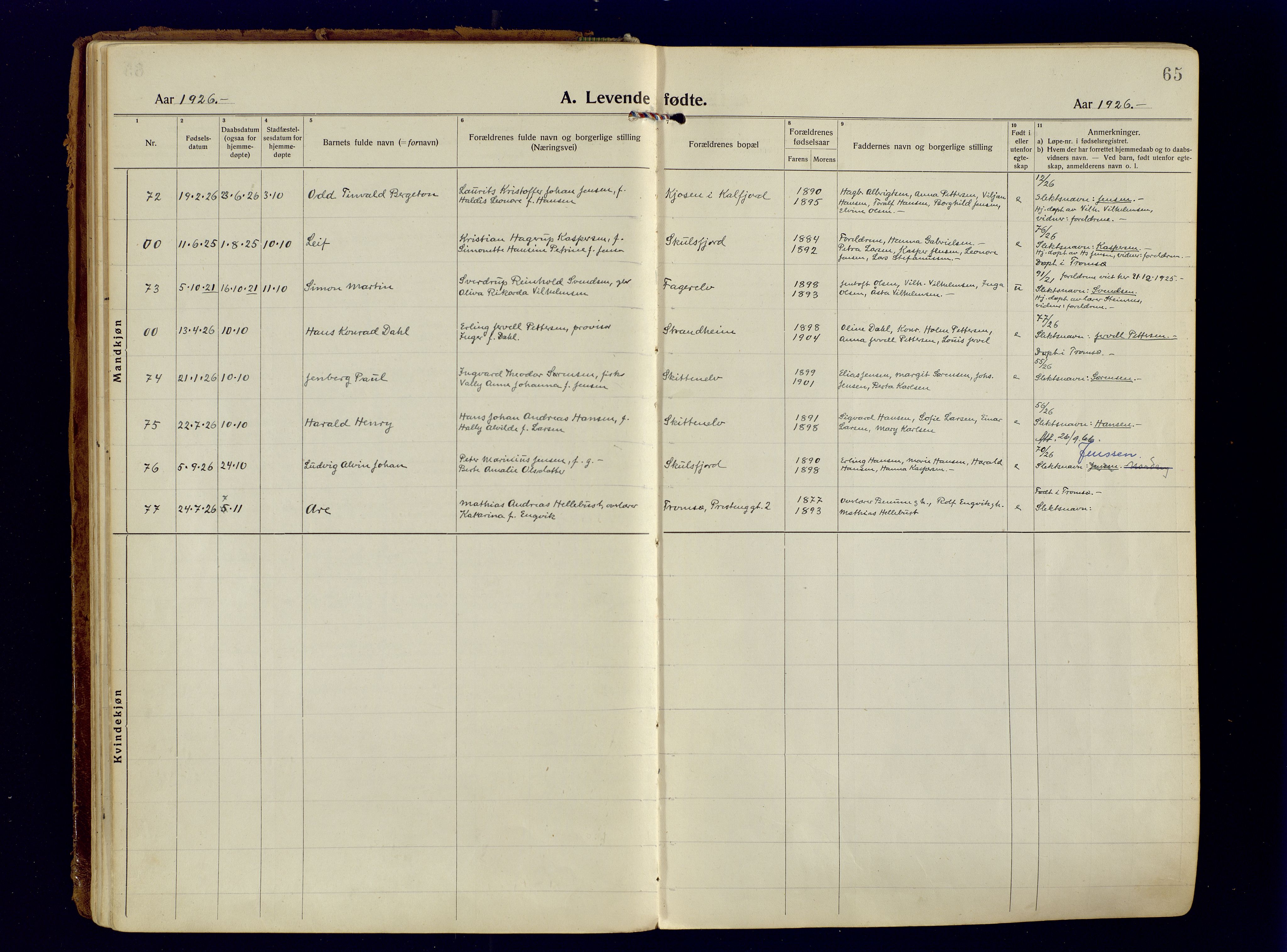 Tromsøysund sokneprestkontor, AV/SATØ-S-1304/G/Ga/L0009kirke: Parish register (official) no. 9, 1922-1934, p. 65