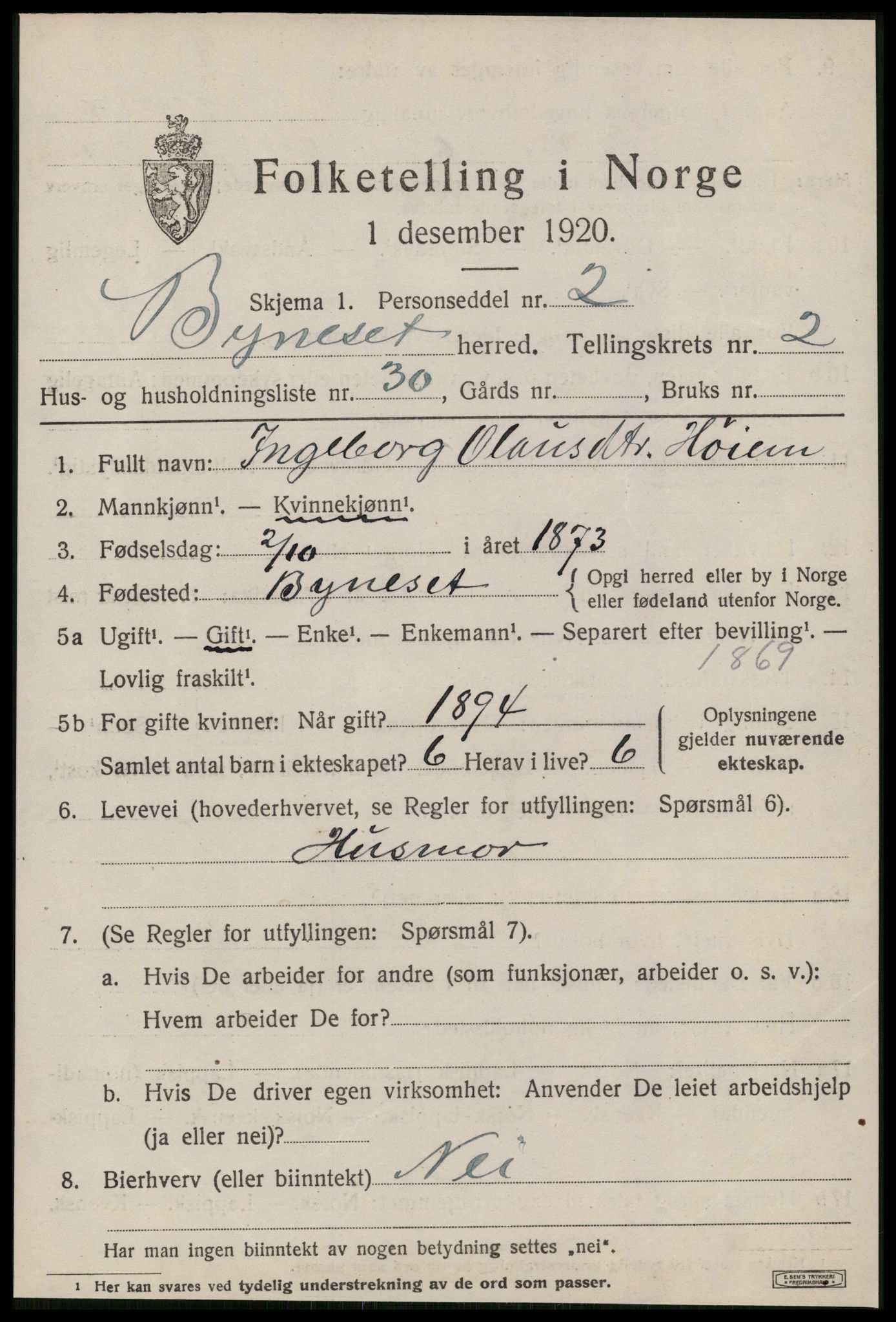 SAT, 1920 census for Byneset, 1920, p. 1620