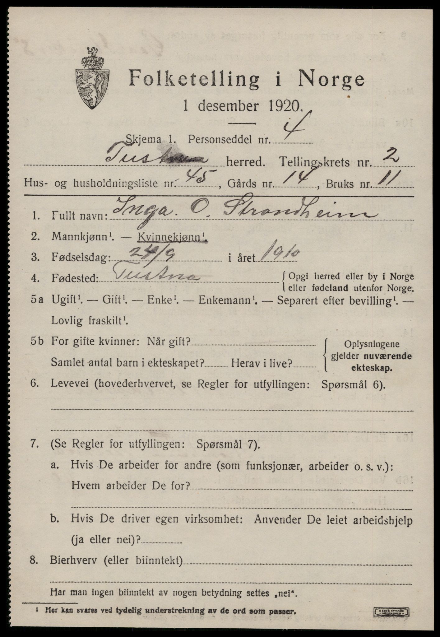 SAT, 1920 census for Tustna, 1920, p. 1453