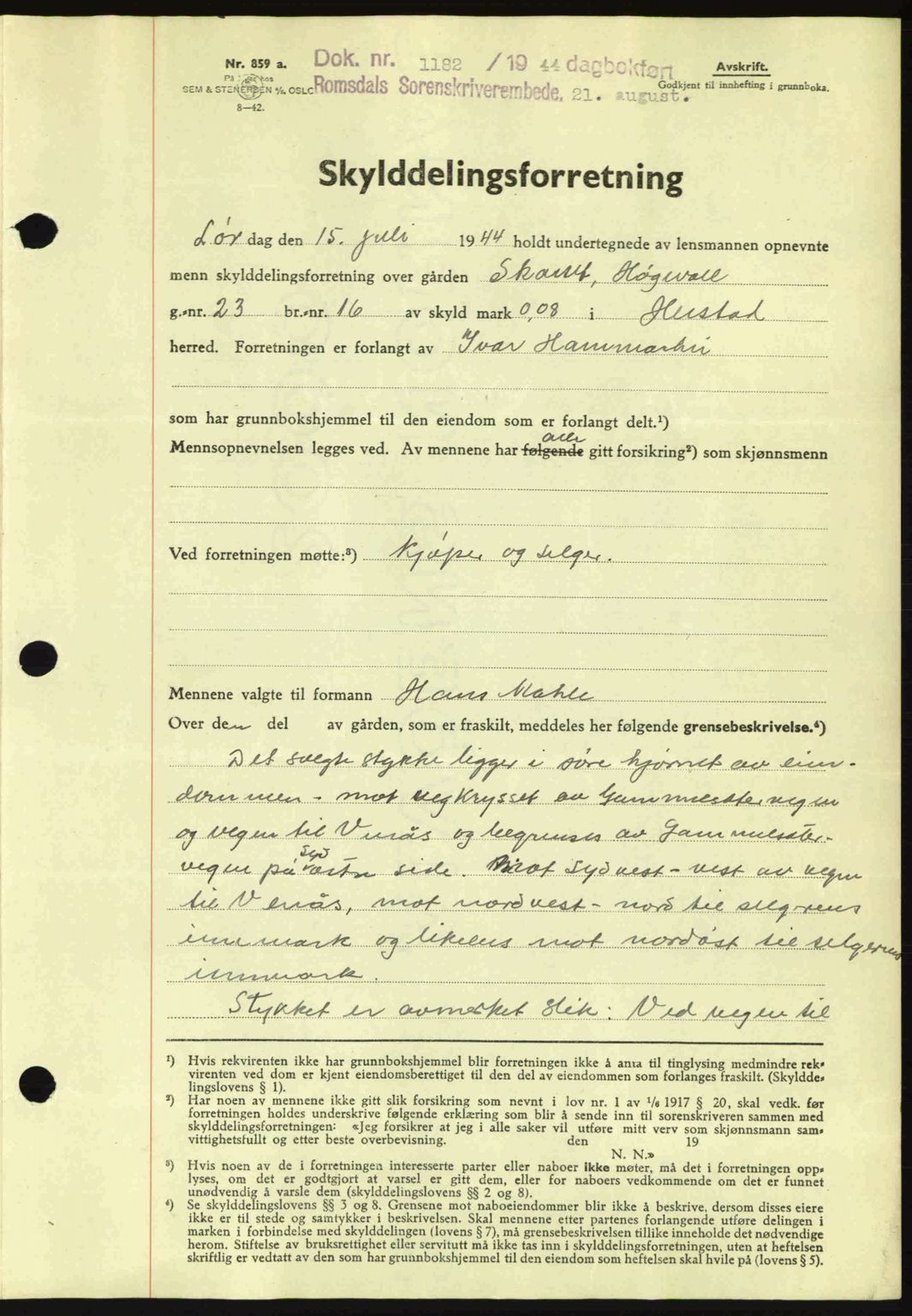 Romsdal sorenskriveri, AV/SAT-A-4149/1/2/2C: Mortgage book no. A16, 1944-1944, Diary no: : 1182/1944