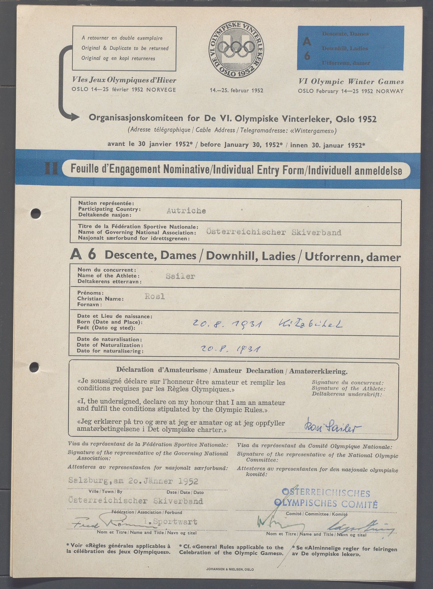 Organisasjonskomiteen for de VI. olympiske vinterleker, OBA/A-20130/H/Ha, 1951-1952, p. 380